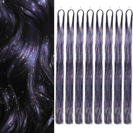 Hair Tinsel 8 Packs 1600 Strands 50 Inch Tinsel Hair Extensions Egg Pink Heat Resistant Glitter Sparkling Shinny Fairy Hair Accessories for Women(Dark gray, 50Inch)