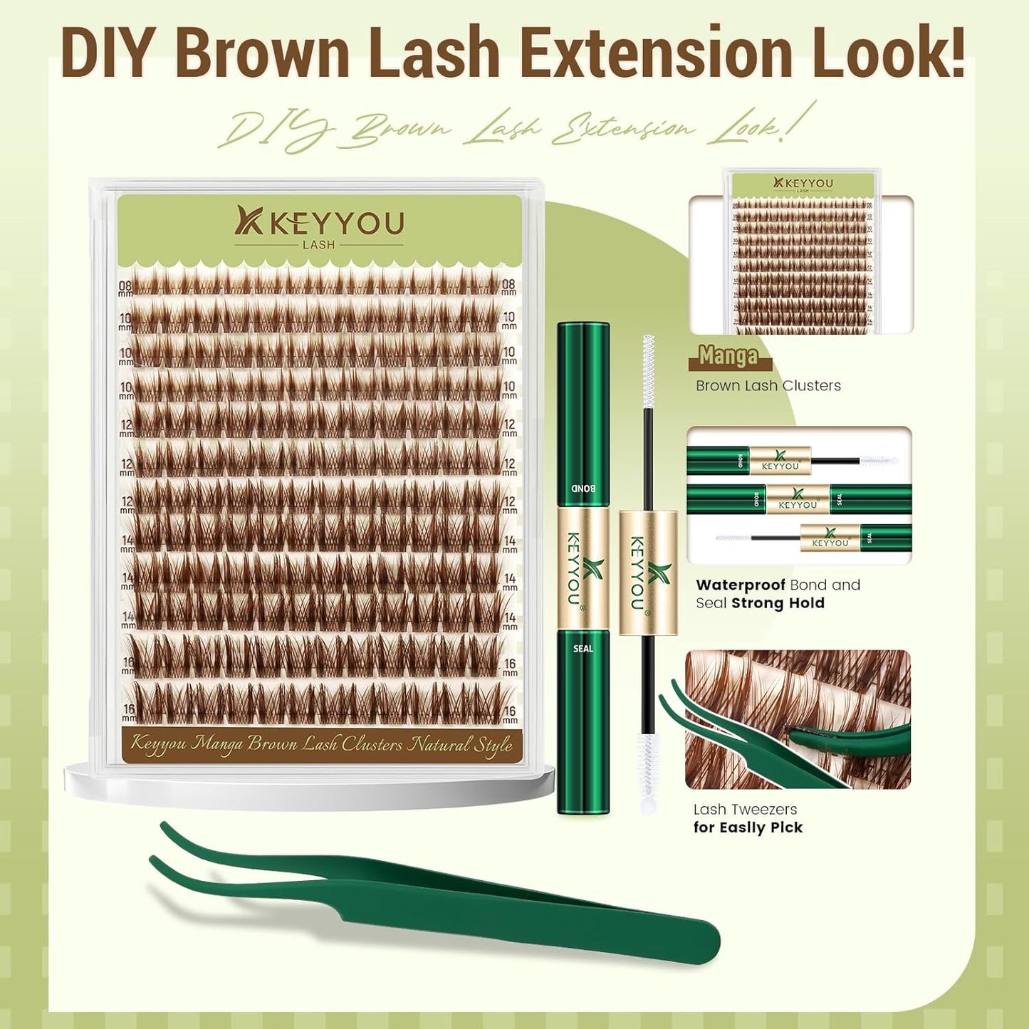 Manga Brown Lash Clusters Kit - Natural Fluffy Individual Eyelash Extensions | DIY Clear Band Lashes with Bond & Seal Glue