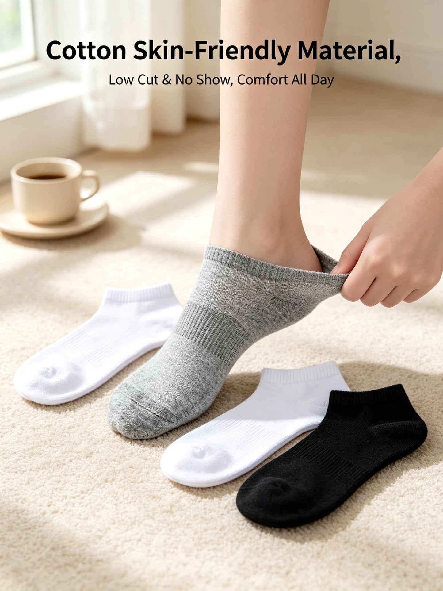 6 Pairs Low Cut Ankle Socks for Women Men, Silicone Anti-Slip No Show Socks with Soft Breathable Cotton Cushioned Heel, Fit US Size 6-10.5/6-9.5, Black White Grey
