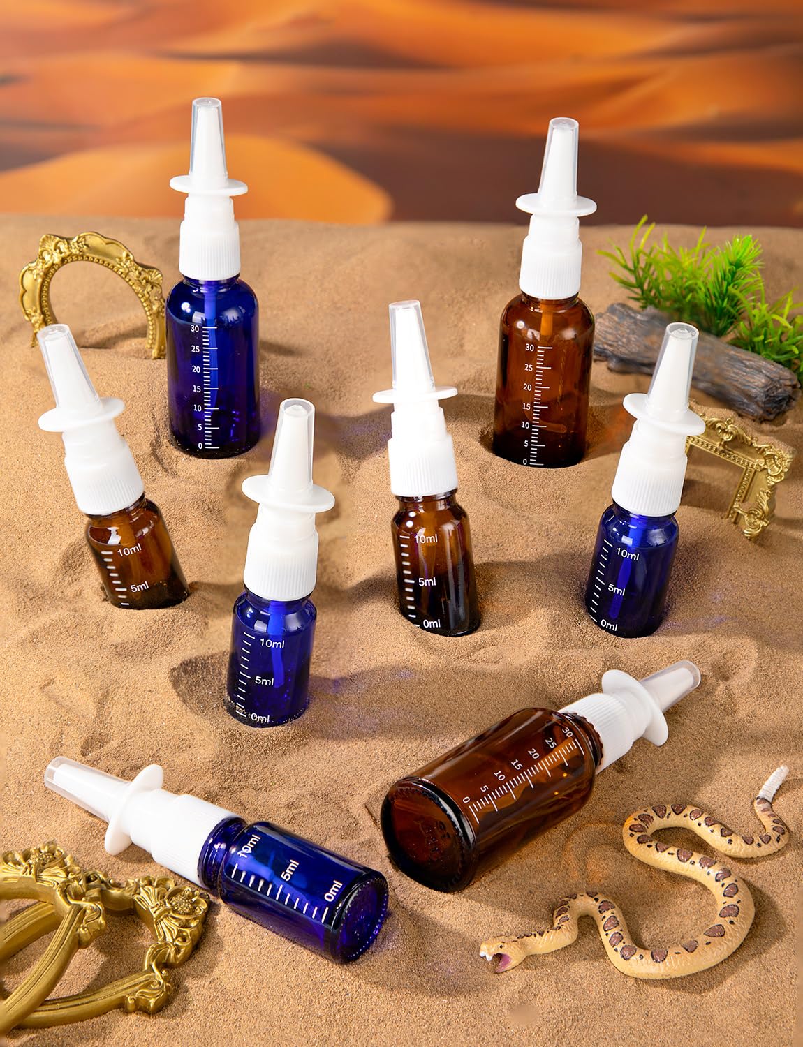 ZHWKMYP 10 Pcs Nasal Spray Bottle, 30ML/1oz 6Pcs Empty Refillable Brown Blue Scale Nasal Nose Spray Bottles with 2 Funnels and 2 Labels