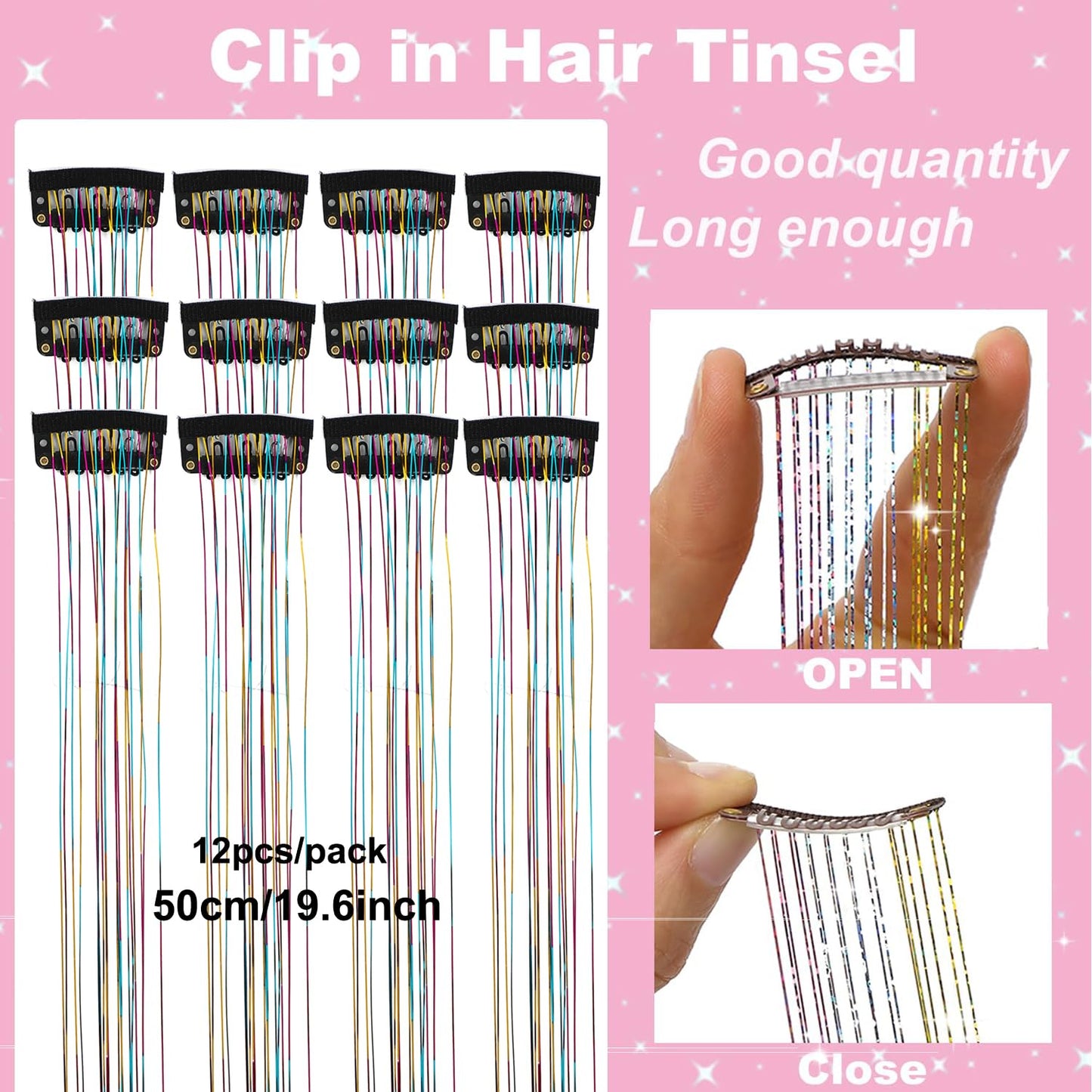 12Pcs Hair Tinsel Clip in Glitter Tinsel Hair Extensions 19.6Inch Clip in Hair Tinsel Kit Heat Resistant Shiny Sparkly Fairy Hair Accessories for Women Girls (Rainbow)