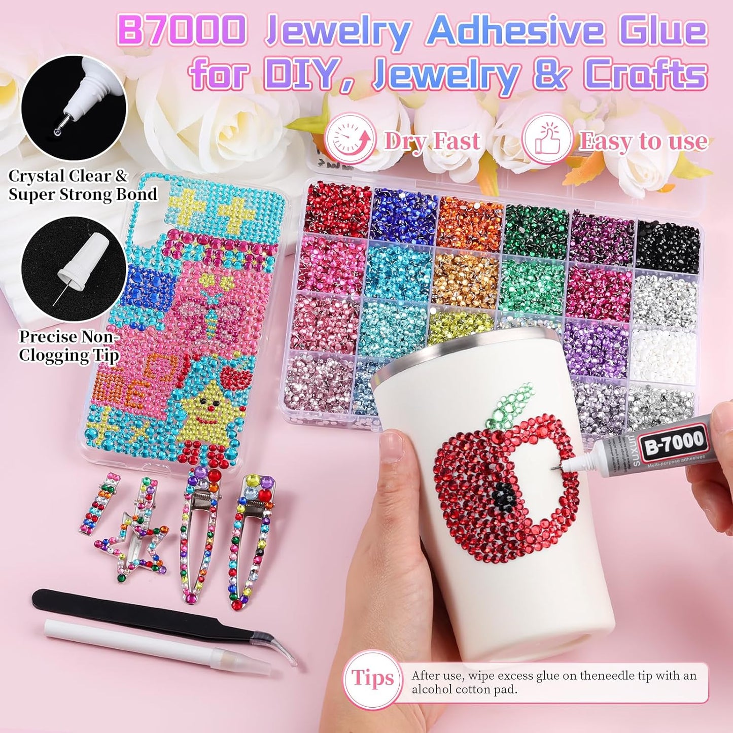 3mm Resin Rhinestones - 24000 Pcs Flatback Gems for Crafting | Pink, Red, Black Colors & Bedazzler Kit with Tools & B7000 Glue