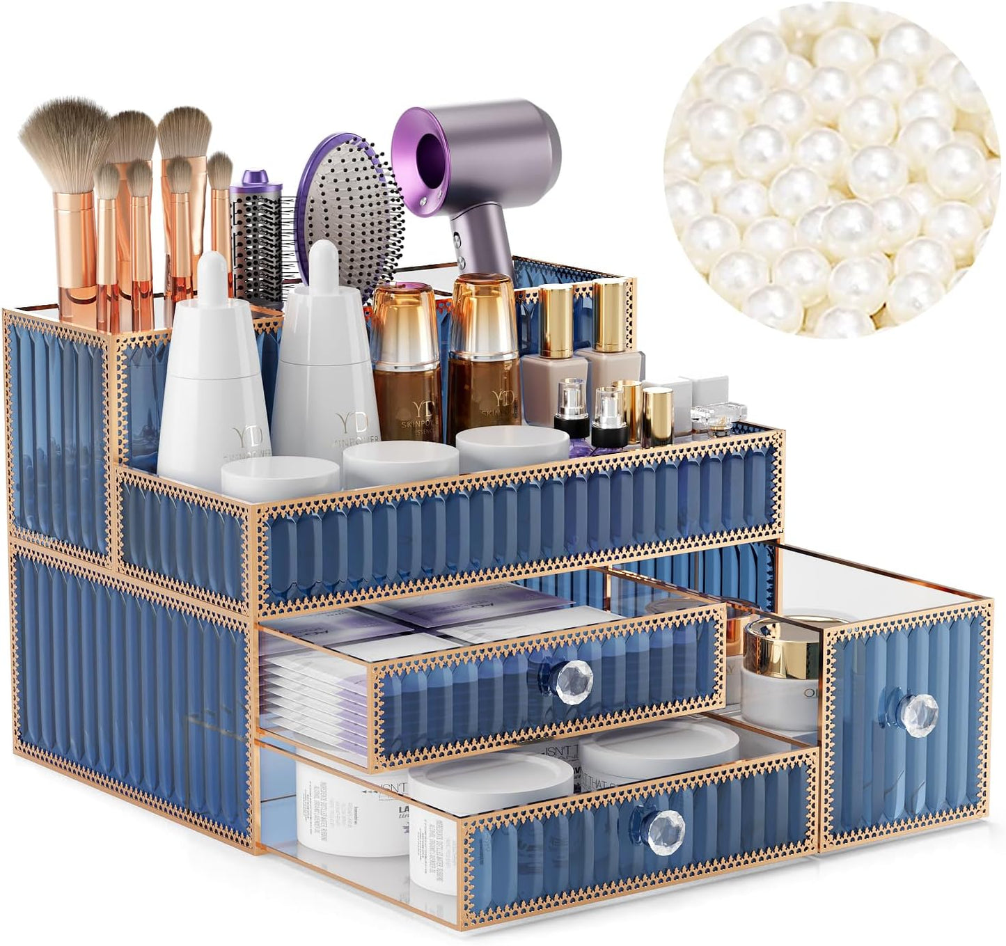 Makeup Organizer - Tempered Glass Vanity Storage for Cosmetics, Skincare & Hair Tools | Multipurpose Countertop Organizer