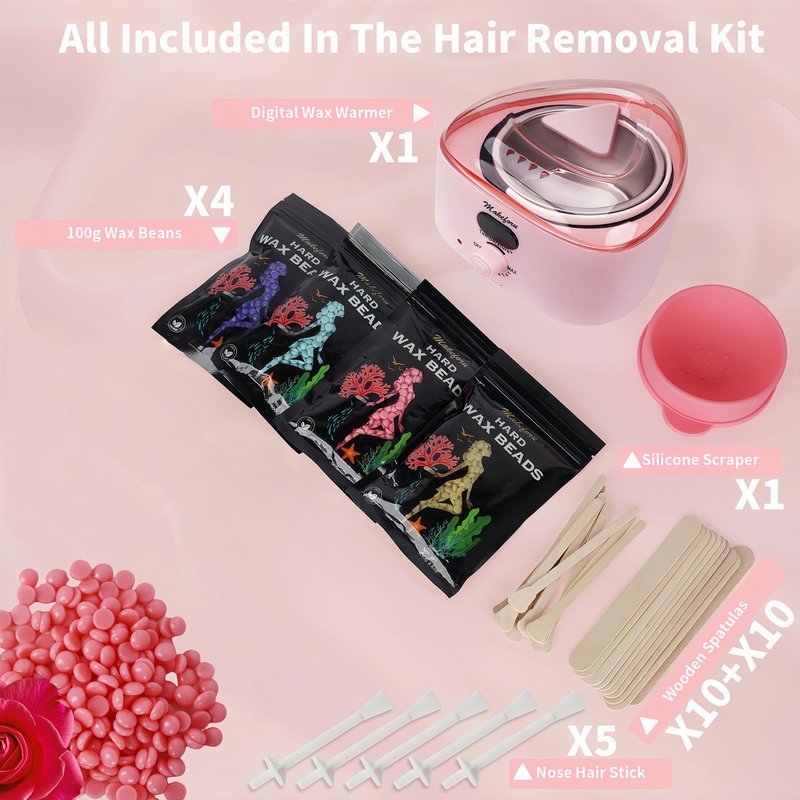 Makeforu Brazilian Waxing Kit - Bikini & Full Body Hair Removal with Digital Warmer, 4 Scented Wax Beads & 27 Silicone Tools - Home Waxing for Women & Men, Face & Body Care (Pink)