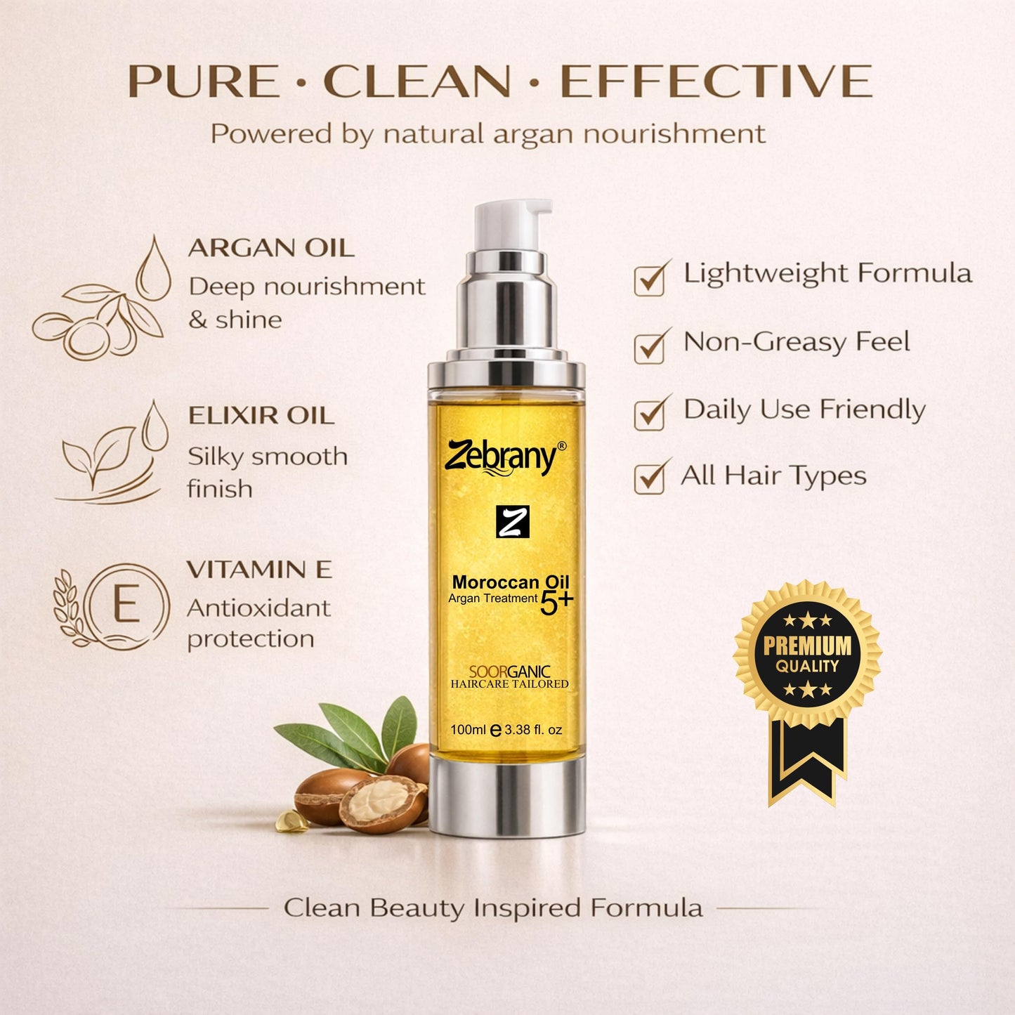 Zebrany Moroccan Argan Oil Hair Serum, Leave-In Conditioner for Dry, Damaged & Frizzy Hair, Professional Heat Protectant, Deep Moisturizing Hair Treatment, Shine Booster, Day & Night Care, 3.38 Fl Oz