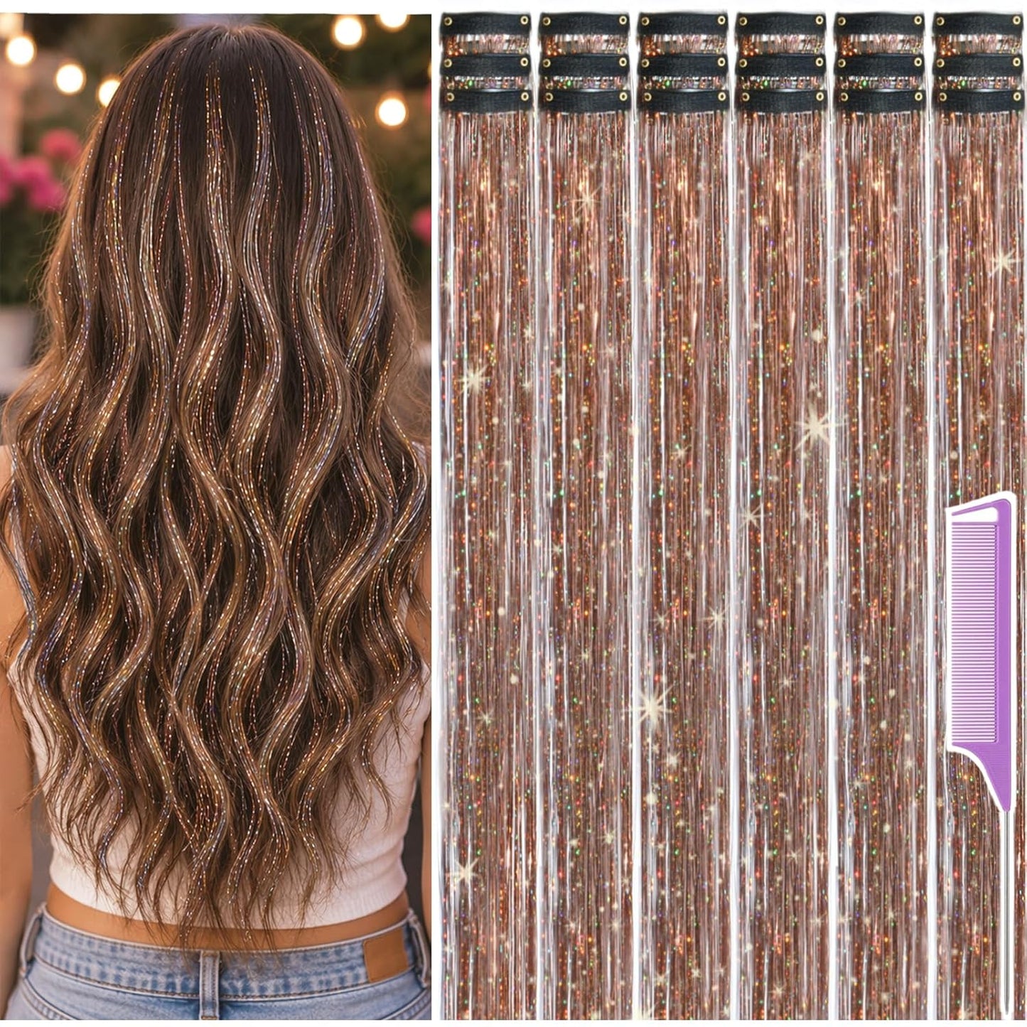 Hair Tinsel Extensions - 22 Inch Glitter Clip-In Kit for Women & Girls | 18 Pcs Red, Blue, Green