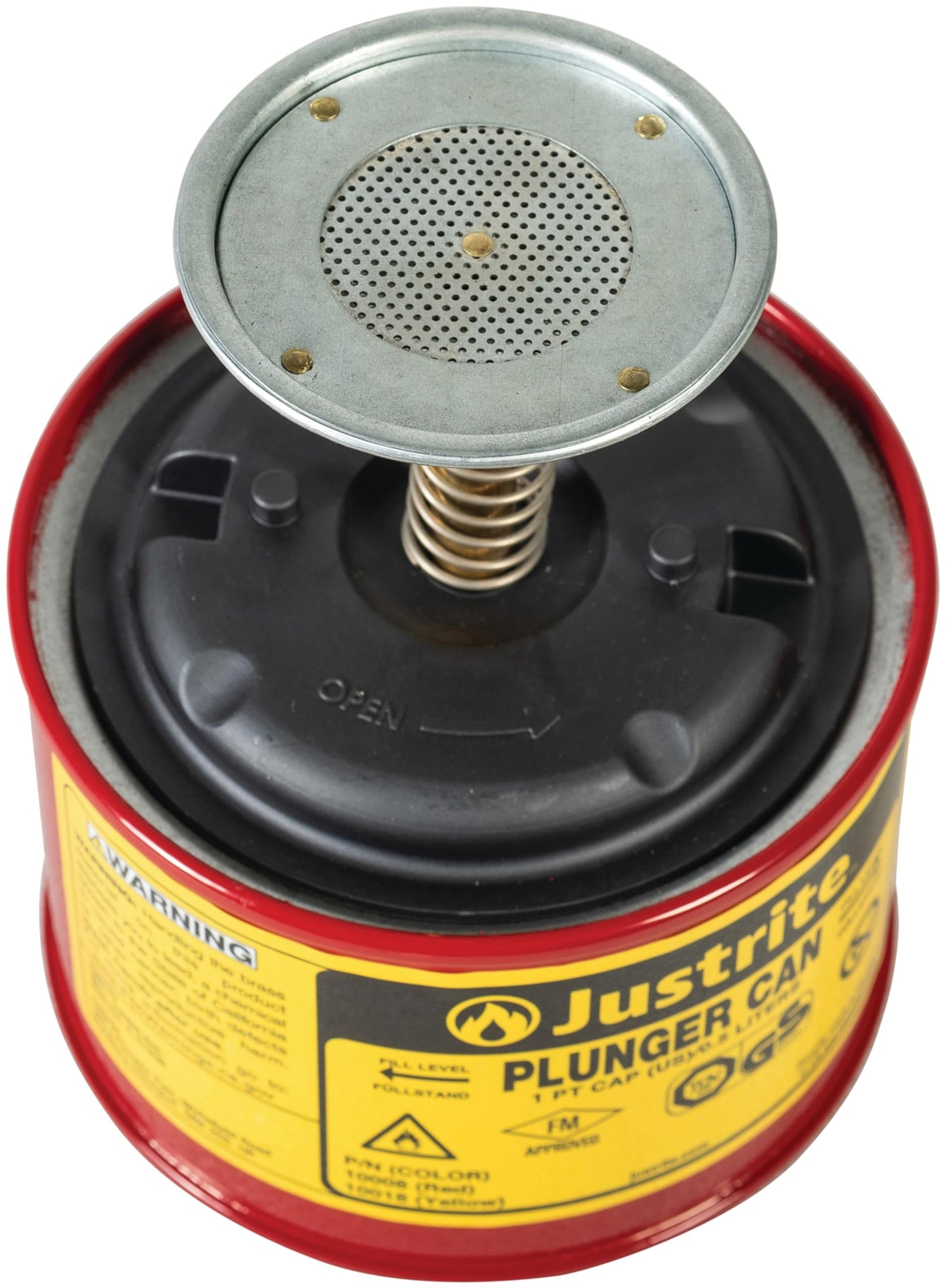 Justrite Plunger Can for Solvents, 1 Pint Capacity, 5.25" x 4.9" Steel Push-Down Solvent Dispenser Can, Made in the USA Industrial Mechanic Tools, Red, 10008
