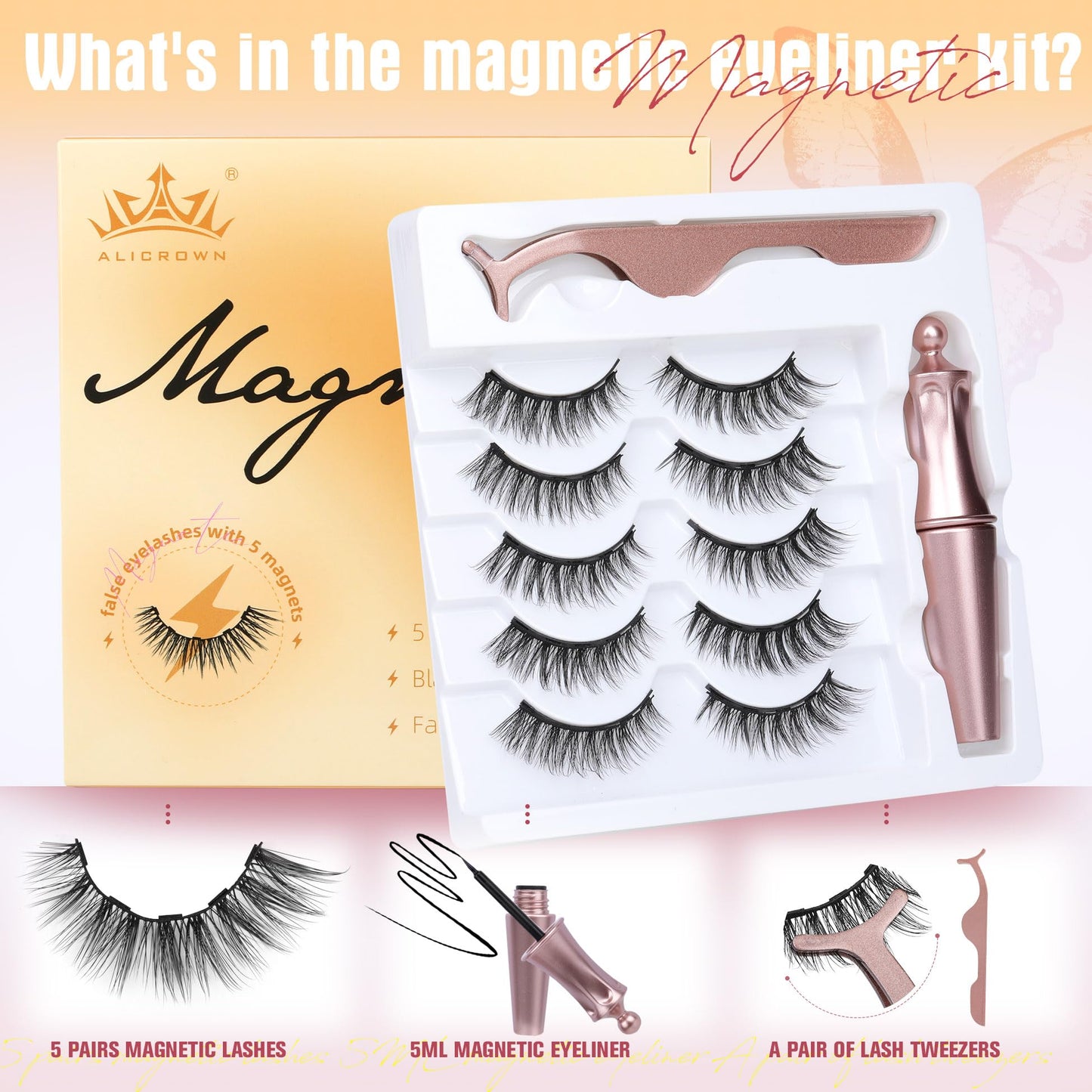 Magnetic Eyelashes with Eyeliner Natural Look Magnetic Lashes with Applicator No Glue Needed Cat Eye Lash Wispy Magnet Lash 5 Pairs with Magnet Eyeliner