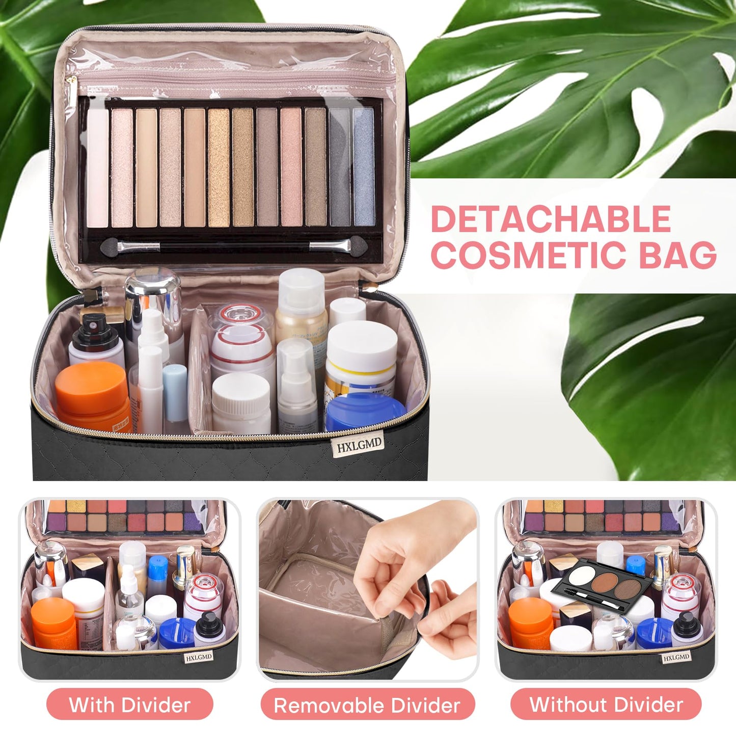 HXLGMD Large Makeup Bag with Mirror Double Layer Travel Make Up Organizer Case, Large Capacity Coemetic Bag with Brush Slot Divider