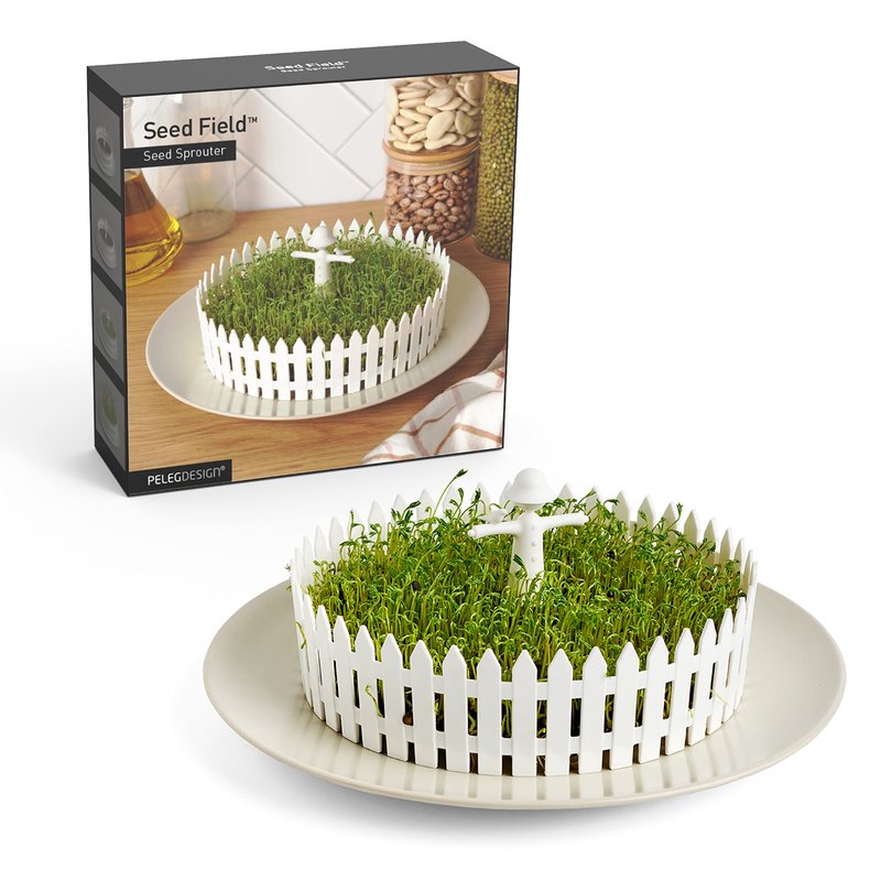 PELEG DESIGN Seed Field Seed Starter for Kitchen Use, Indoor Seedling Tray w/Fence and a Scarecrow, Fits Any Plate, Ideal for Any Sprouting Seeds