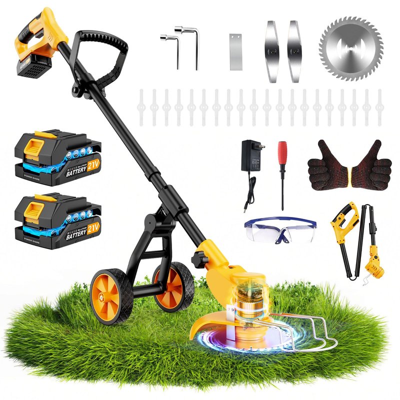 Electric Weed Wacker Cordless with Wheels,Electric Weed Eater Battery Powered 4000mAh,4 in 1 Grass Trimmer/Brush Cutter/Grass Edger/Lawn Mower,No String Trimmer with Blade, 2 Battery (Black Yellow)
