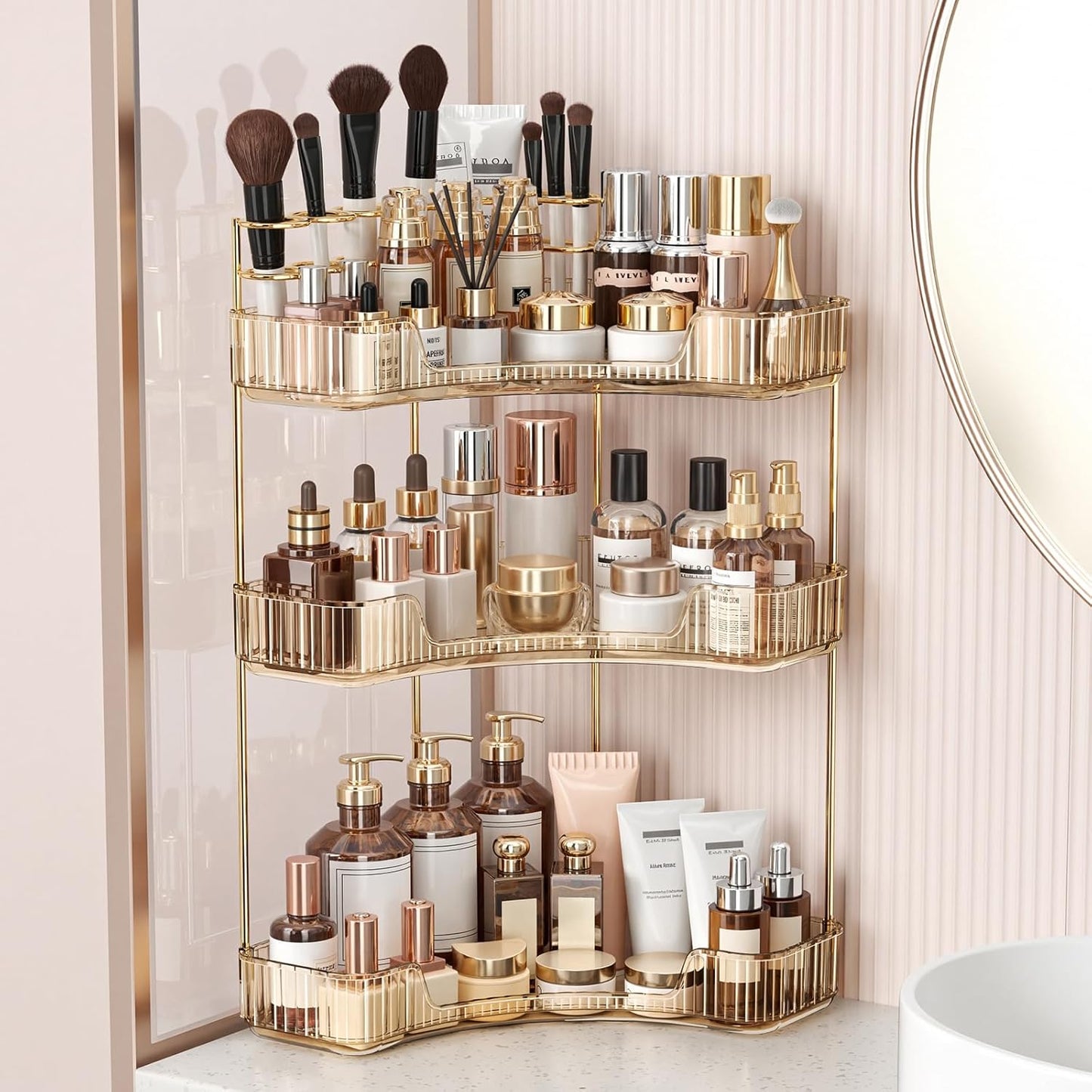 Corner Bathroom Counter Organizer - 3-Tier Makeup & Skincare Storage with Brush Holder | Elegant Gold Finish