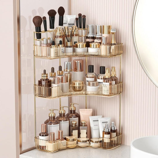 Corner Bathroom Counter Organizer - 3-Tier Makeup & Skincare Storage with Brush Holder | Elegant Gold Finish