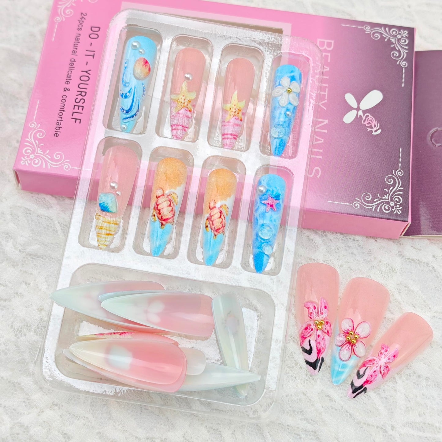 24Pcs Summer Beach Press on Nails Long Stiletto False Nails 3D Ocean Seashell Turtle Starfish with Colorful Flower Design Cute Fake Nails Tropical Vacations Glue on Nail for Women Acrylic DIY