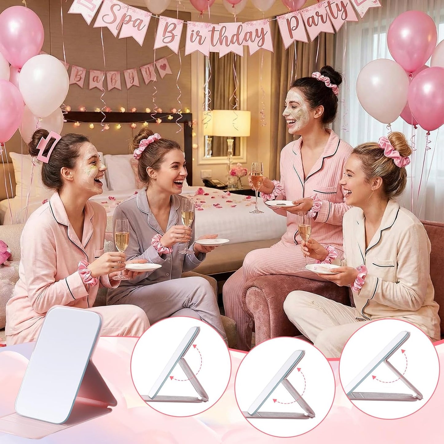 Spa Sleepover Party Favors - 48 Pcs Compact Mirrors, Hair Claw Clips & Scrunchies | Pink Organza Bags for Girls & Women