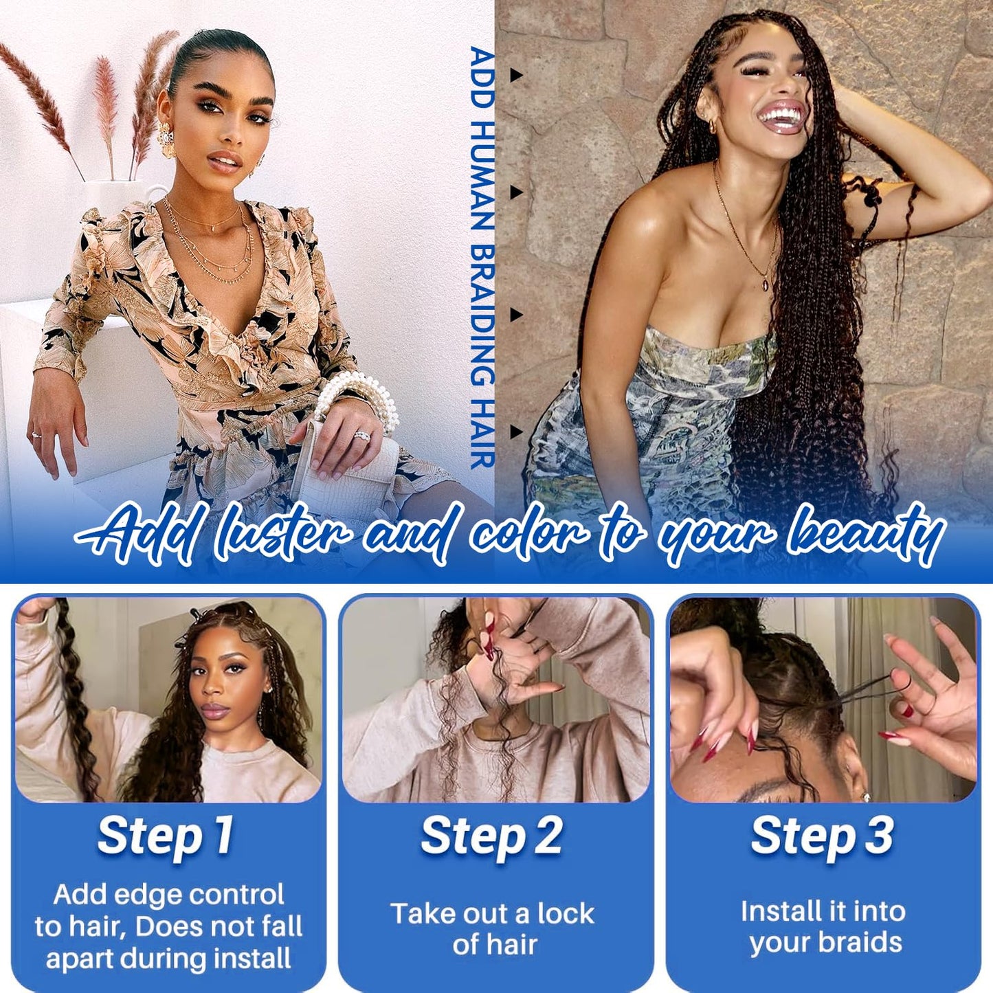 Bizvus 22inch Human Braiding Hair for Boho Braids 110g Deep Wave Boho Bulk Human Hair for Braiding Knotless 12A Wet and Wavy Bulk Bohemian Curly 3 Bundles/Pack #4/27 Ombre Balayage Color