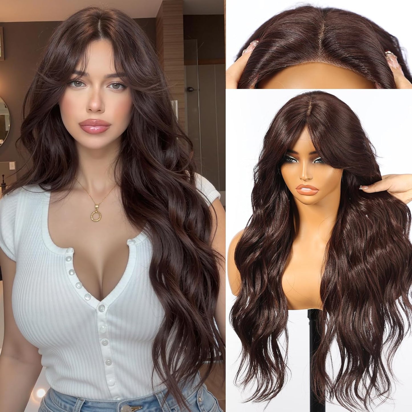 KOME Ash Brown Synthetic Lace Front Wig - T Part Glueless Long Body Wavy Style | 28 Inch with Bangs for Women