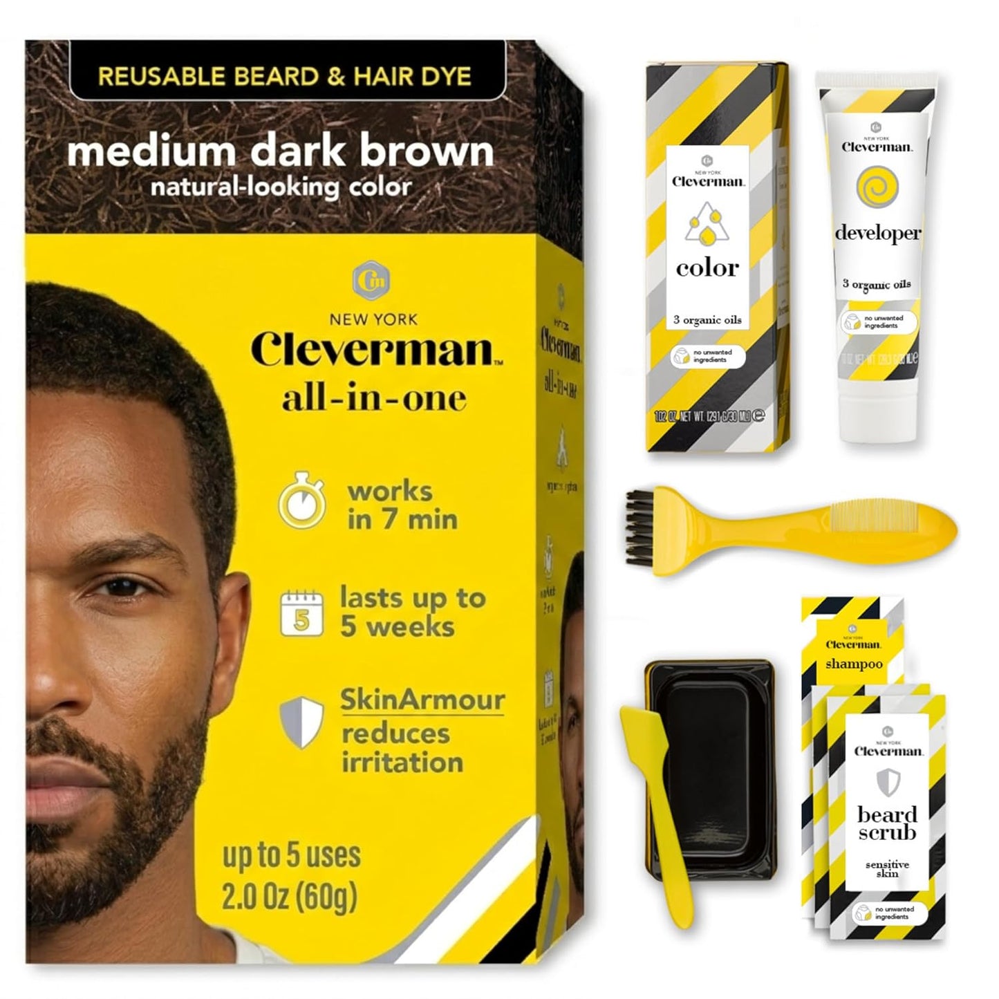 Cleverman Reusable Hair & Beard Dye for Men - Light Brown | Natural Gray Coverage, No-Drip Cream, 5 Uses in 7 Minutes