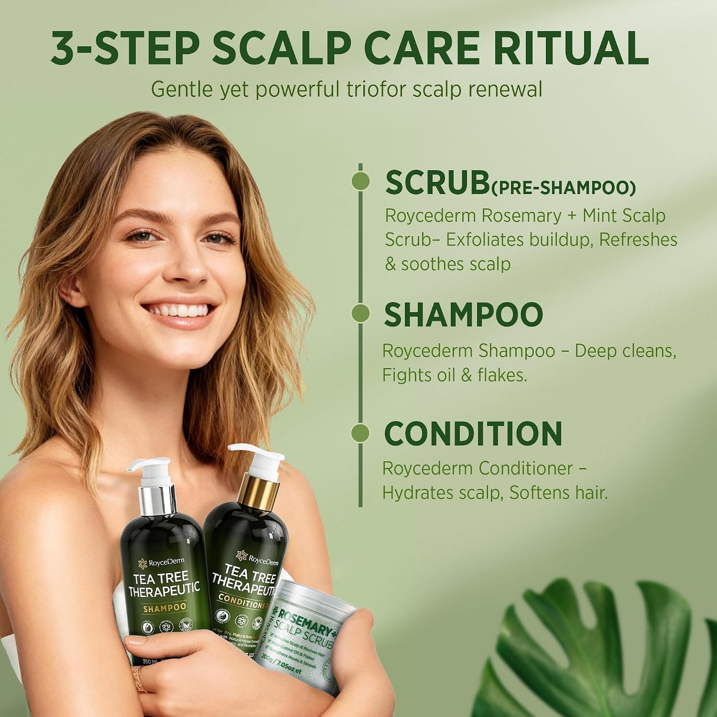 Roycederm Tea Tree Scalp Scrub - Exfoliating Pre-Shampoo Treatment for Dry, Flaky Scalps | Refreshing Rosemary Mint Formula