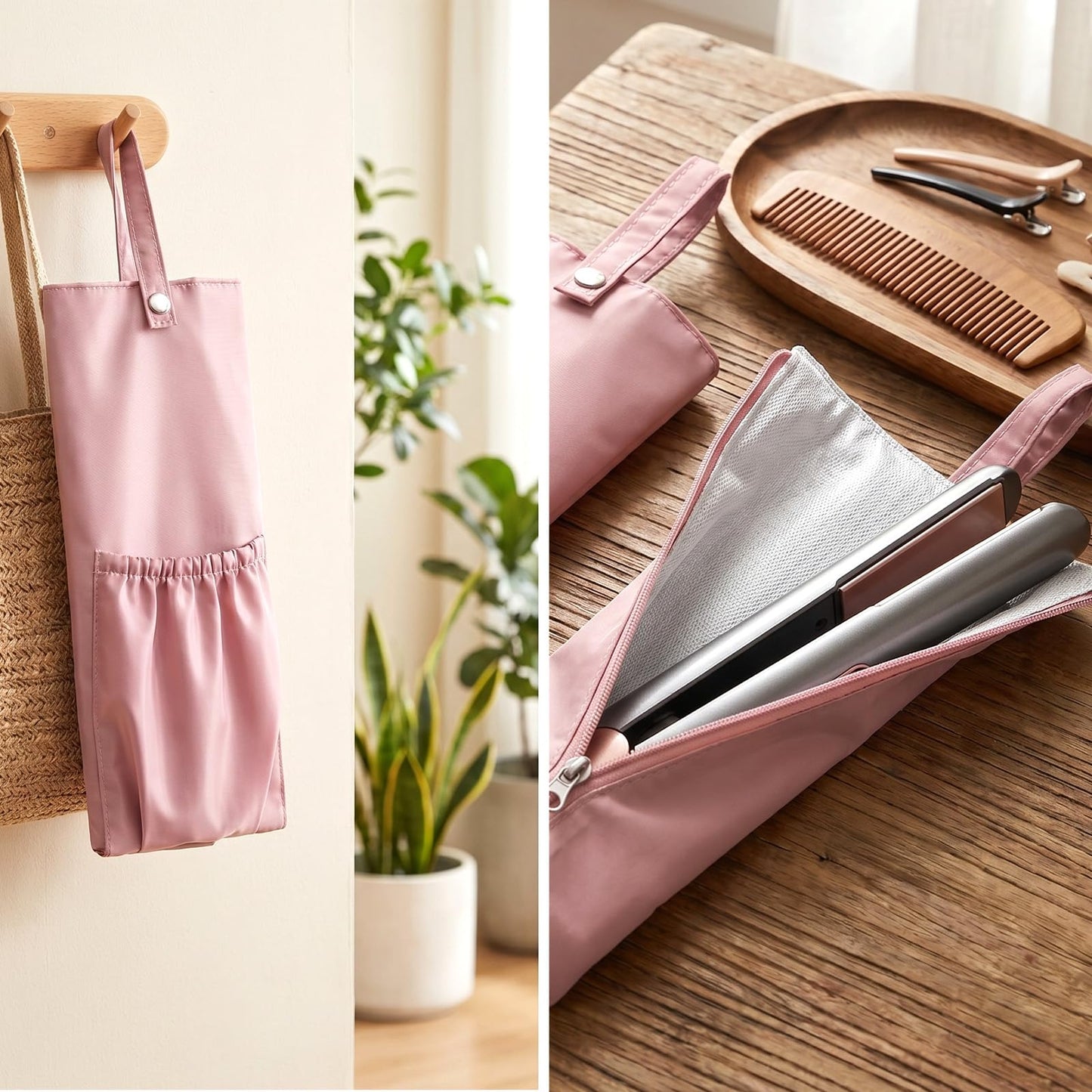QFGasre Hair Tool Organizer Heat Resistant Hot Tools Holder & Mat Hair Tool Travel Bag Case Portable Hot Tools Organizer Cover Pouch for Curling Iron, Flat Iron, Hairs Straightener, Pink
