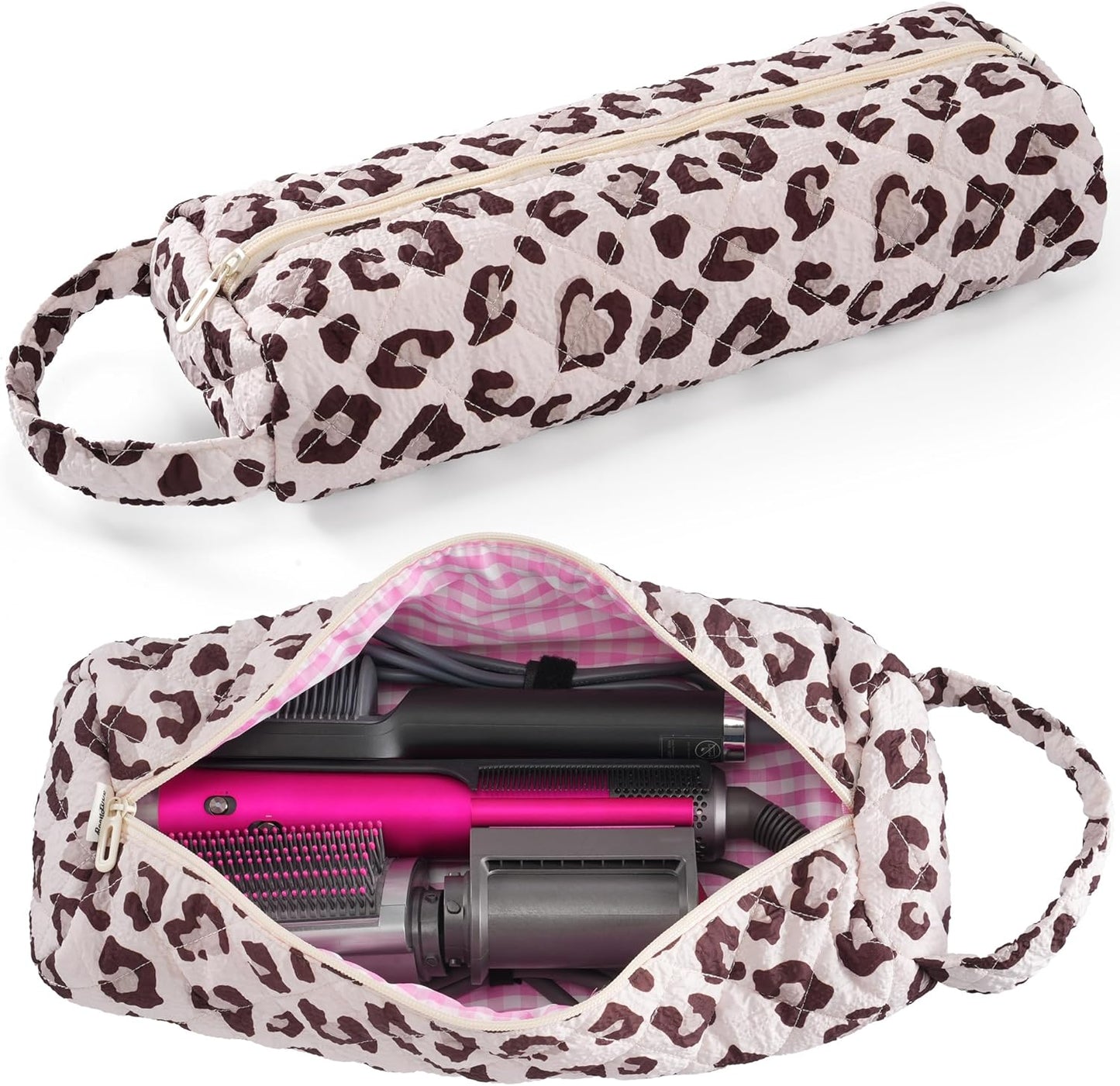 Quilted Hair Tools Travel Bag - Portable Organizer for Dyson Airwrap & Shark FlexStyle | Pink Plaid Floral