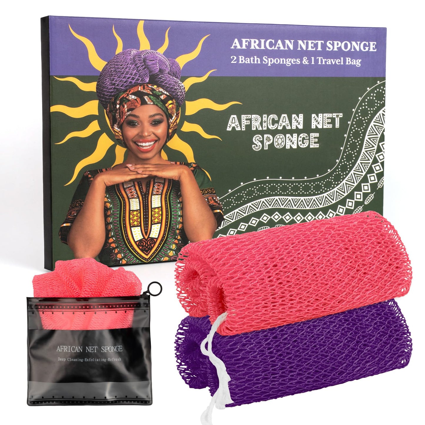 Bathway African Net Sponge Authentic with Handles (Set of 2), African Exfoliating Net Sponge, Exfoliating Body Scrubber Bath Sponge - Bathing Accessories with Storage Bag (Purple & Rose)