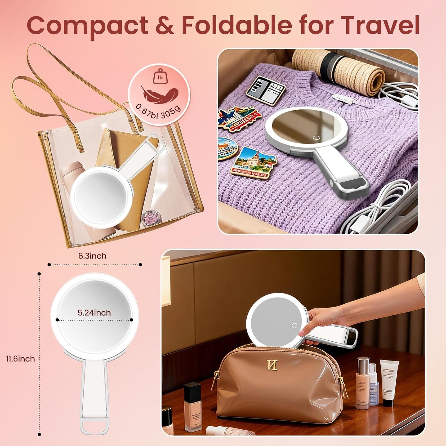 Makeup Mirror with Lights - Double-Sided 10X Magnification | Portable Rechargeable 3-in-1 Design