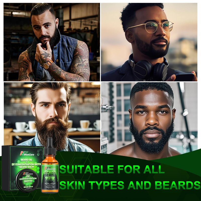 NEWBLUECARE Beard Oil and Beard Balm for Men - Beard Growth Kit for Beard Soften and Moisture - Natural & Organic Jojoba, Argan, Shea Butter - Beard Care Kit for Dad, Husband, Boyfriend, Green