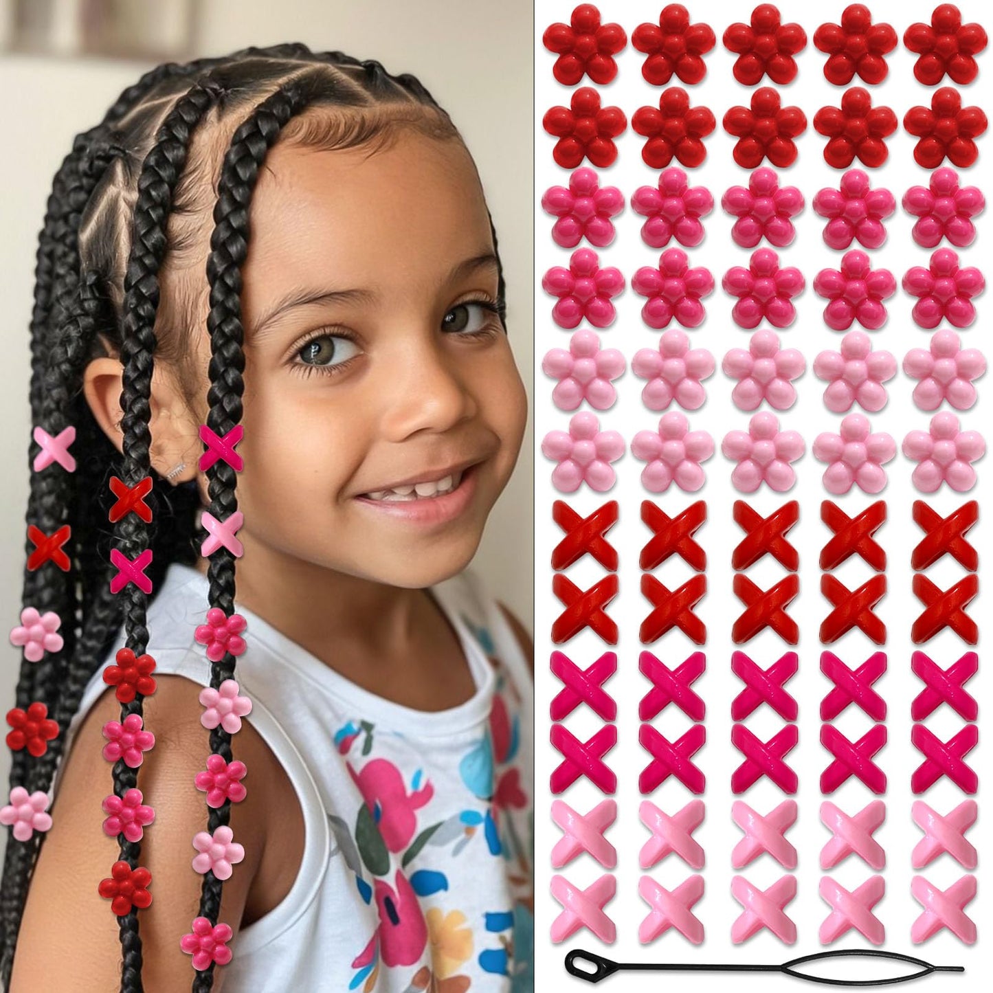 NAISKA 60PCS Pink Hair Beads for Braids Hot Pink Bead Loc Dreadlock Jewelry Multi-style Large Hole Beads Cute Flower Valentine's Day Hair Accessories for Kids Girls