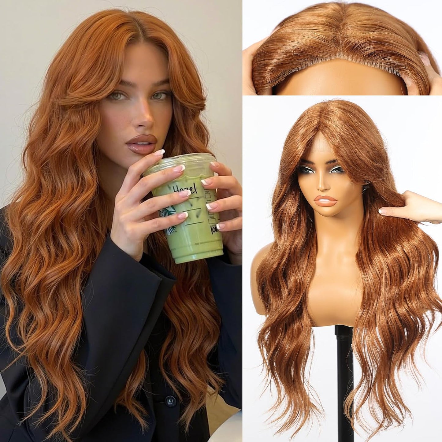 KOME Ash Brown Synthetic Lace Front Wig - T Part Glueless Long Body Wavy Style | 28 Inch with Bangs for Women