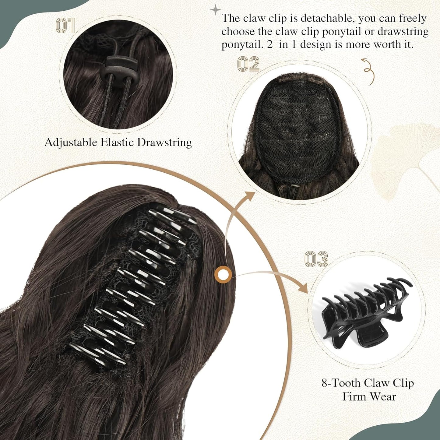 Ponytail Extension - Short Wavy Claw Clip-In Synthetic Hairpiece | Black Layered Curly Drawstring for Women
