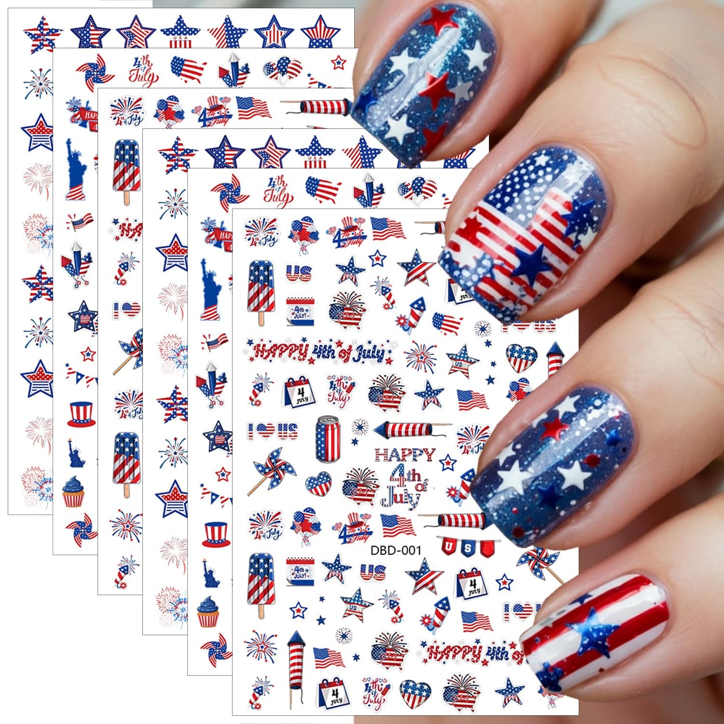 6 Sheets 4th of July Nail Stickers for Nail Art 3D Self-Adhesive American Flag Nail Art Stickers Independence Day Star Rocket Nail Decals Fourth of July Patriotic Nail Design Stickers for Women