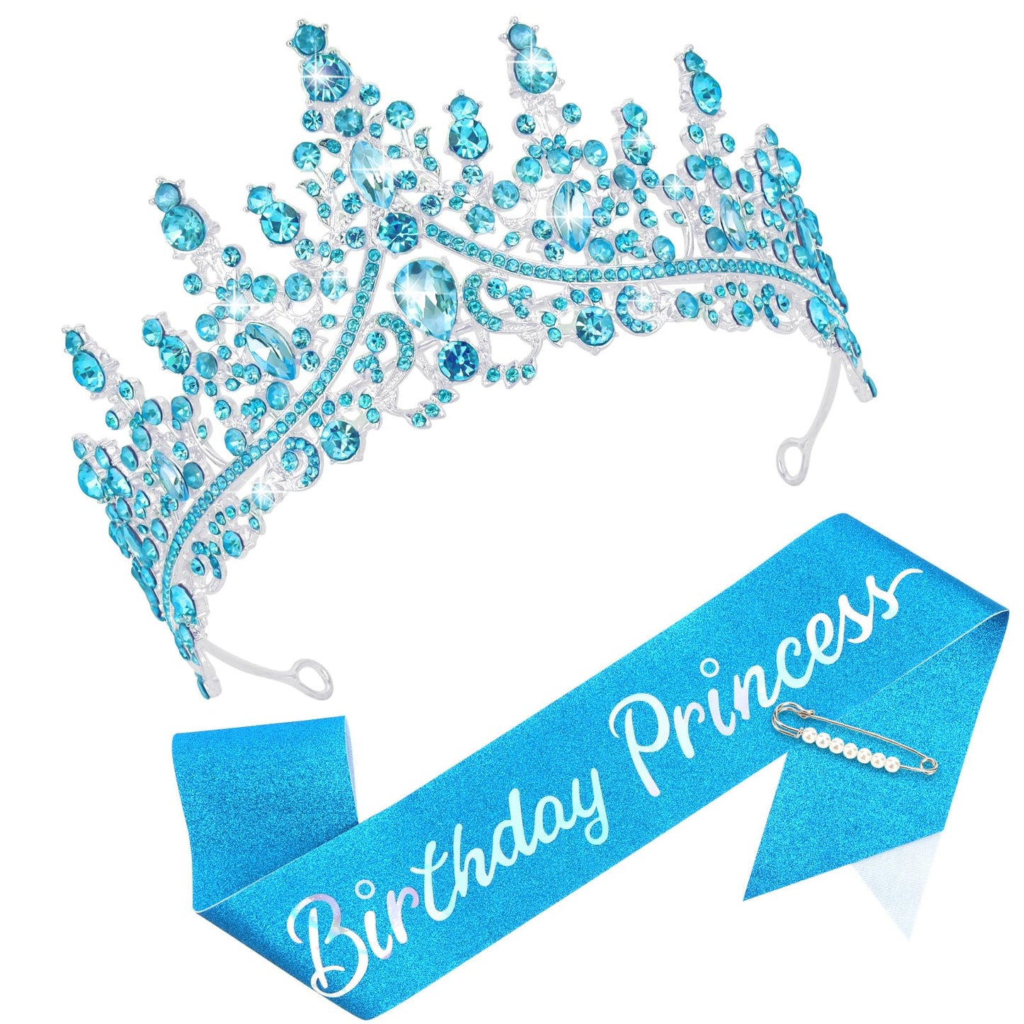 CAVETEE Princess Crown and Sash, Glitter Tiara for Party Decorations, Happy Birthday Accessories for Women Girls (Blue), Standard