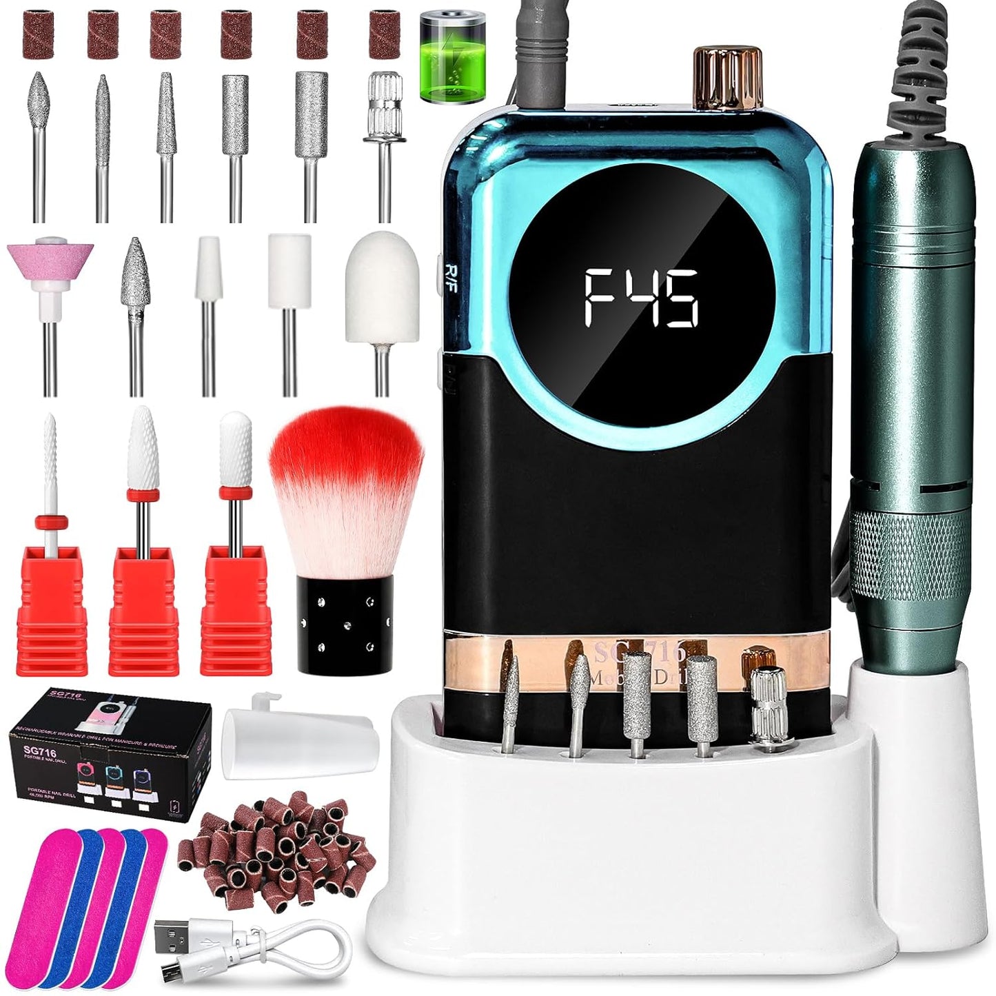Professional Electric Nail Drill Kit - 45000RPM Cordless Toenail Machine with 14 Drill Bits | Portable Green