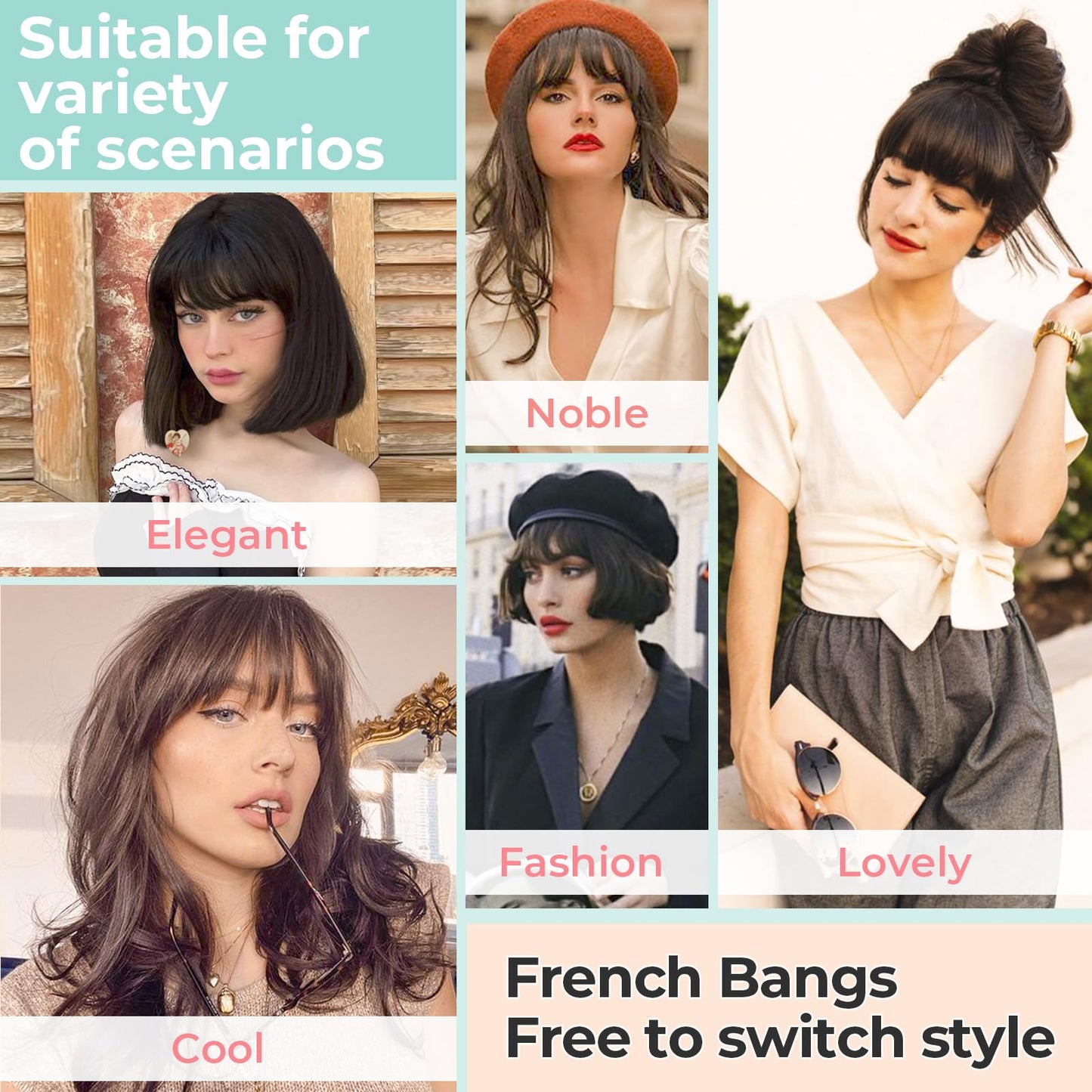 Cephermer Clip in Bangs, Synthetic French Bangs Hair Clip, Fake Bangs Fringe with Temples Hairpieces for Women Natural Curved Hair Extensions for Daily Wear Medium Brown
