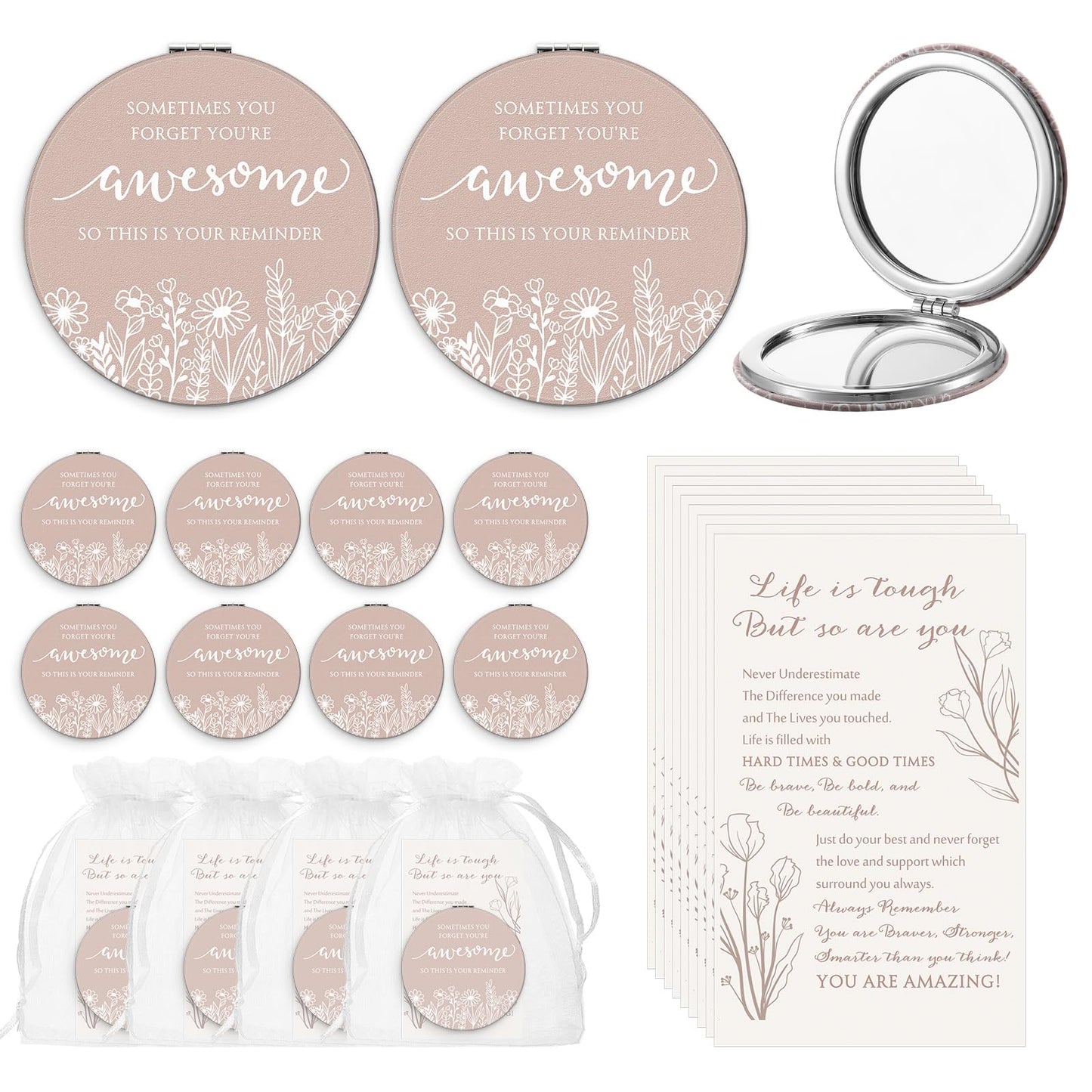 CroBlissful Inspirational Gifts for Women Bulk Wildflower Compact Mirror Makeup Purse Double Sided Folding Mirror Inspirational Gift Cards with Bag for Women(12 Set,Classic)