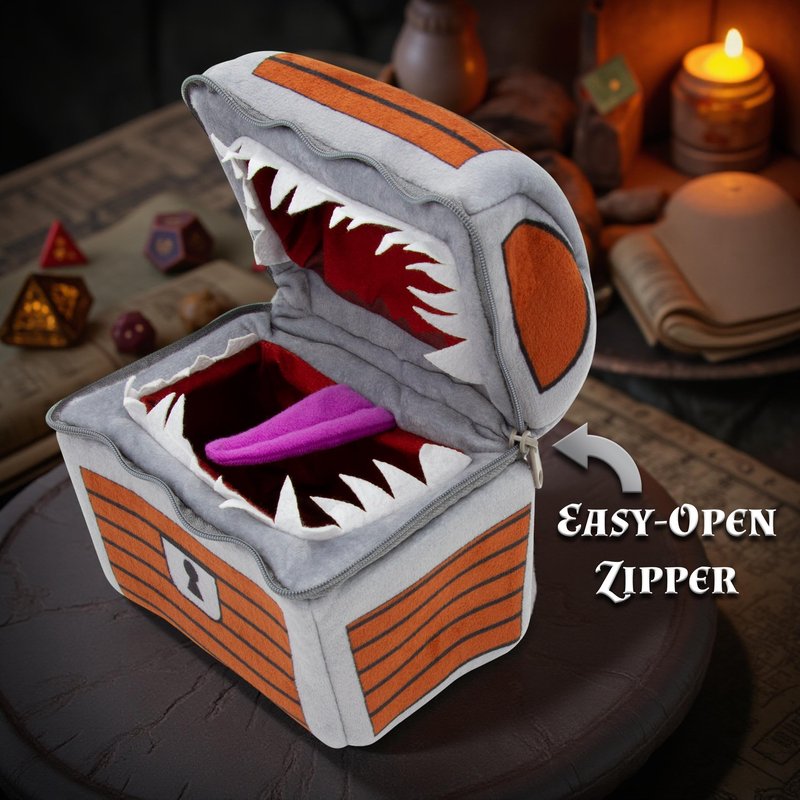 CASEMATIX Mimic Dice Chest and DND Dice Case with 7 Included RPG Dice - 6.5" Mimic Chest Dice Bag with Zipper Closure and Carabiner for 150 Dice, Protective Novelty Dice Holder for Tabletop Dice