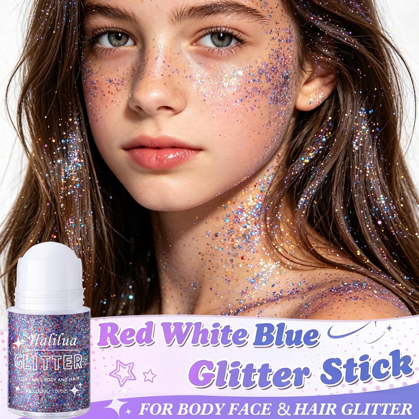 Red White and Blue Body Glitter Gel,4th of July Accessories Roll-on Face Glitter,Sparkling Face Hair Glitter for 4th of July Outfits Women Kids,Patriotic Glitters President's Day Rave Festival Makeup