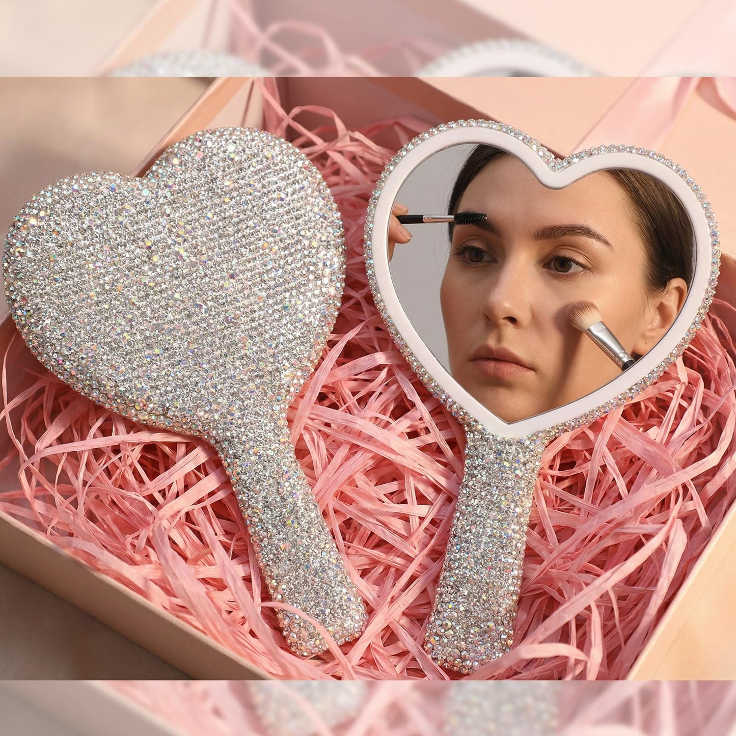 Ouligay Large Heart Handheld Mirror with Handle 6.3x4.3 Inch Glitter Rhinestone Hand Held Mirror Portable Travel Cosmetic Lash Mirror for Women Wedding Birthday Valentine's Day Gift