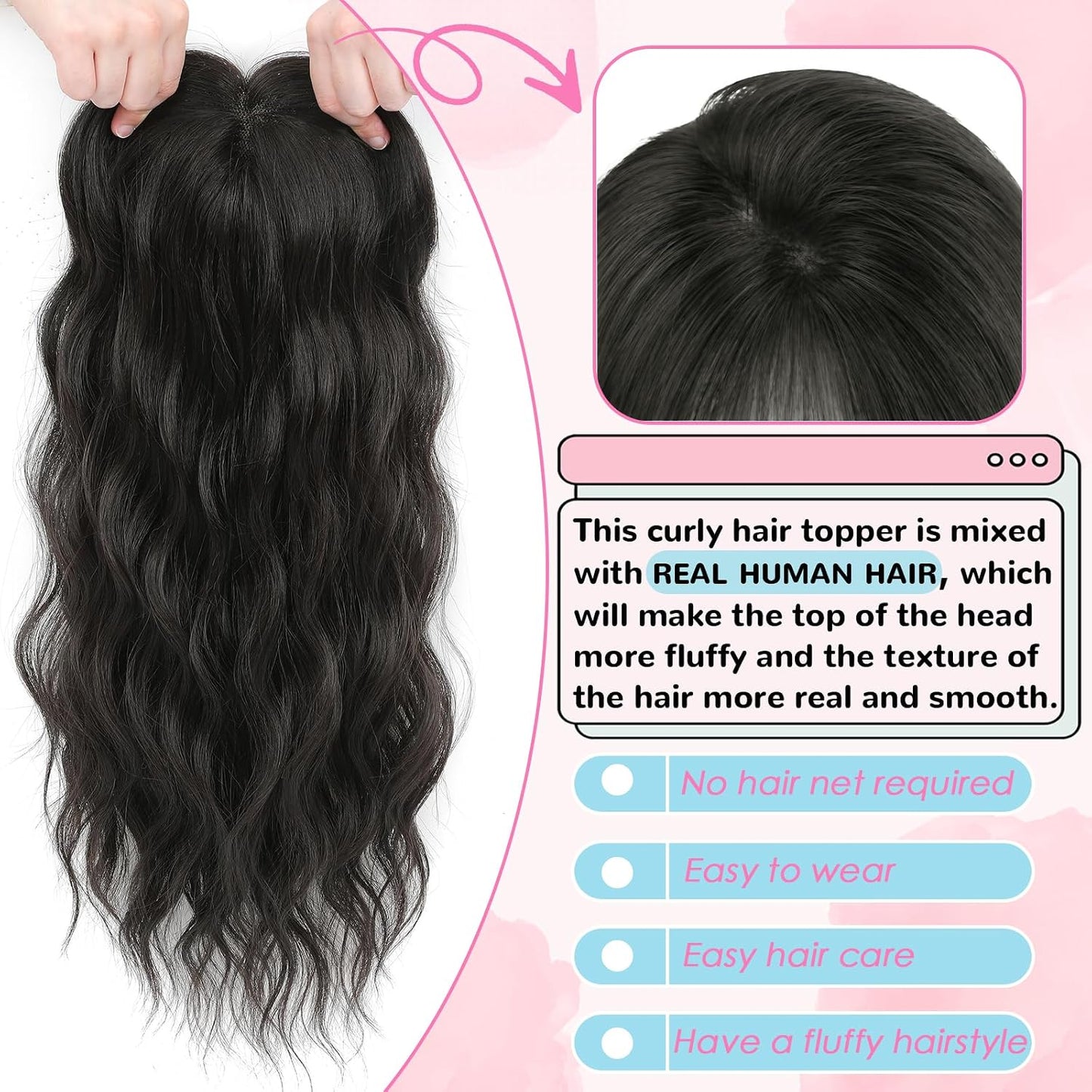 Hair Toppers for Women - 20 Inch Hand-Tied Breathable Clip-In Human Hair Pieces | Dark Brown Wispy Bangs