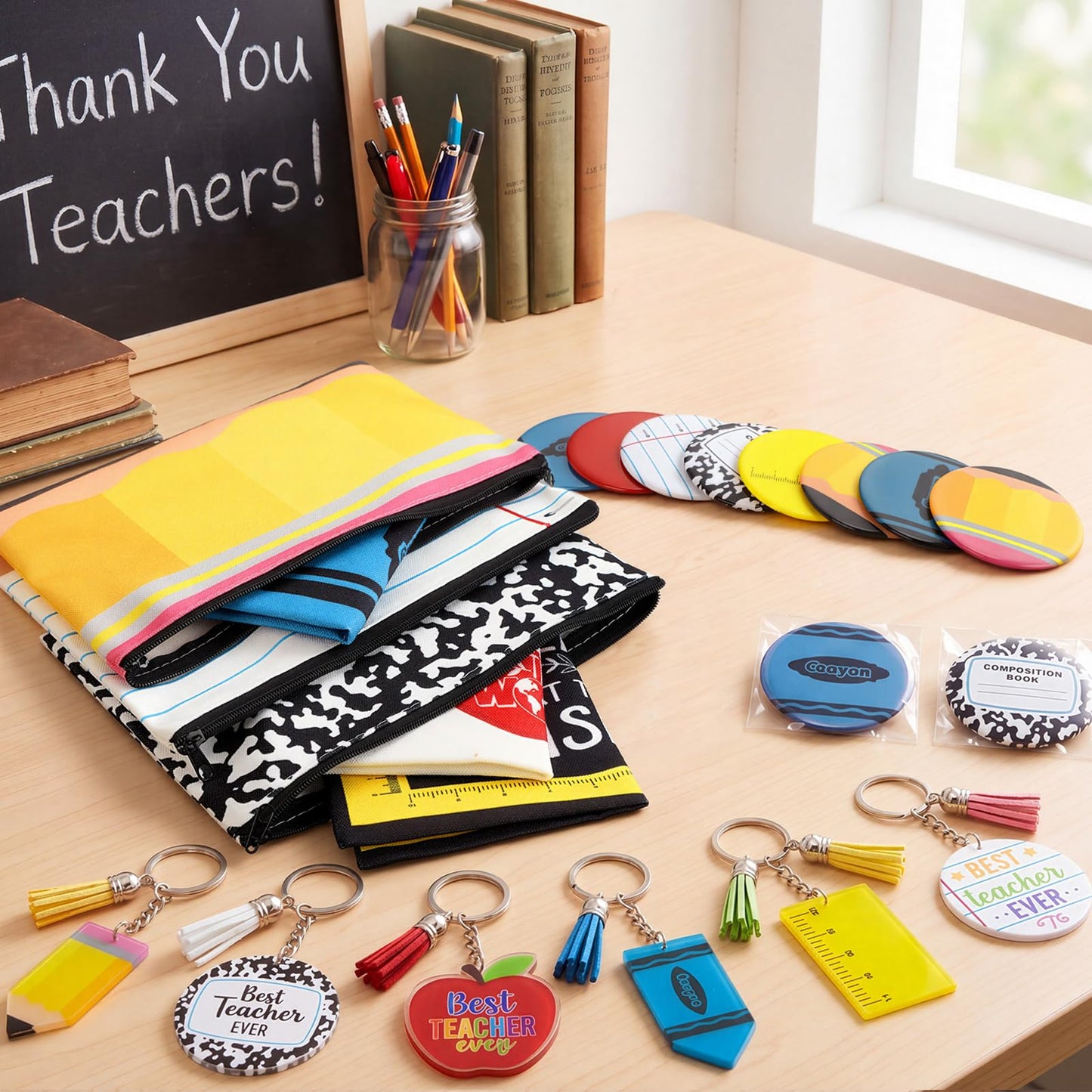 Kacctyen 54 Pcs Back to School Gift Bulk for Teacher Canvas Makeup Bags Mirrors Acrylic Keychains Classroom Back to School Party Favor Bracelets for Teachers Thank You Gifts