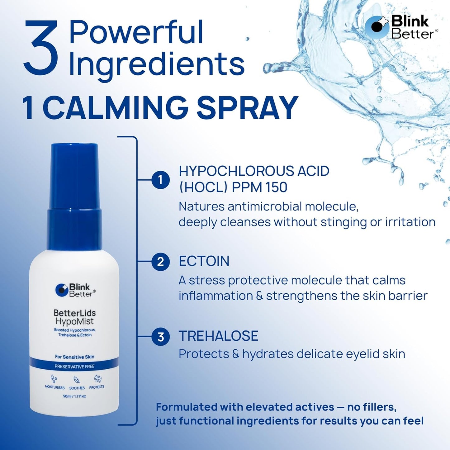 BetterLids Eyelid Spray - Boosted Hypochlorous Acid Mist for Blepharitis | Gentle Non-Sting Cleanser, 50 ml