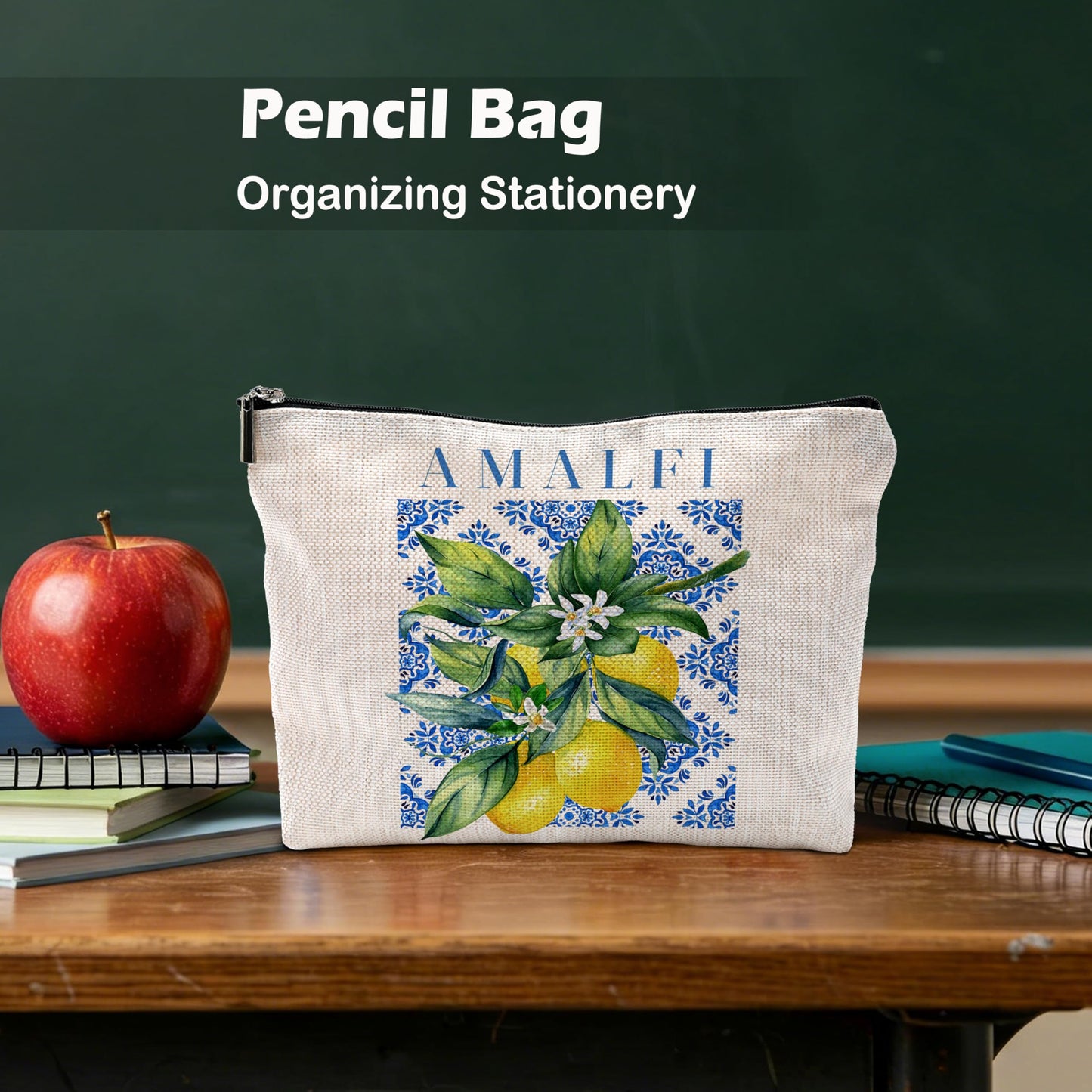 Yomisex Italian Amalfi Coast Lemon Makeup Bag, Blue and White Floral Cosmetic Bags Toiletry Bag for Women, Italian Themed Gifts, Mediterranean Tiles Lemon Tree Makeup Pouch