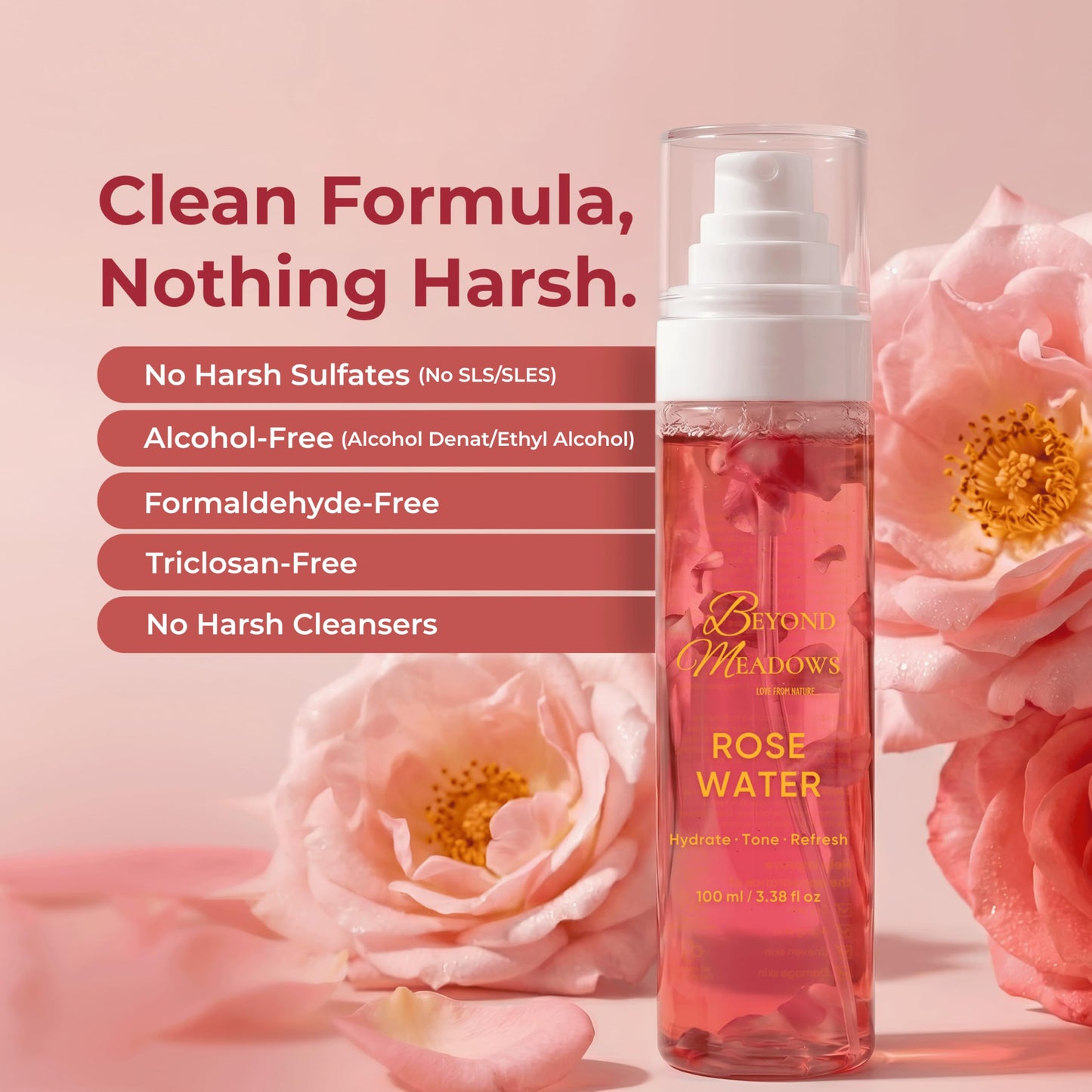 Beyond Meadows Rose Water Spray for Face & Hair - Made with Rose Hydrosol & Glycerin, Hydrating & Refreshing Facial Mist to Set Makeup, Support Double Cleansing & Help Balance Skin’s pH (3.38 fl oz)