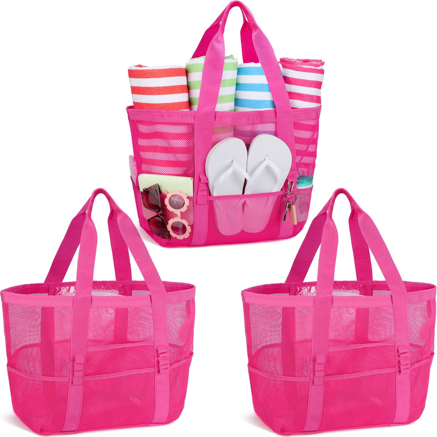 Hillban Large Beach Mesh Bags Bulk for Women Beach Tote Bag with 8 Pocket Zipper Waterproof Sandproof for Pool Cruise Ship(Rose Red,3 Pcs)