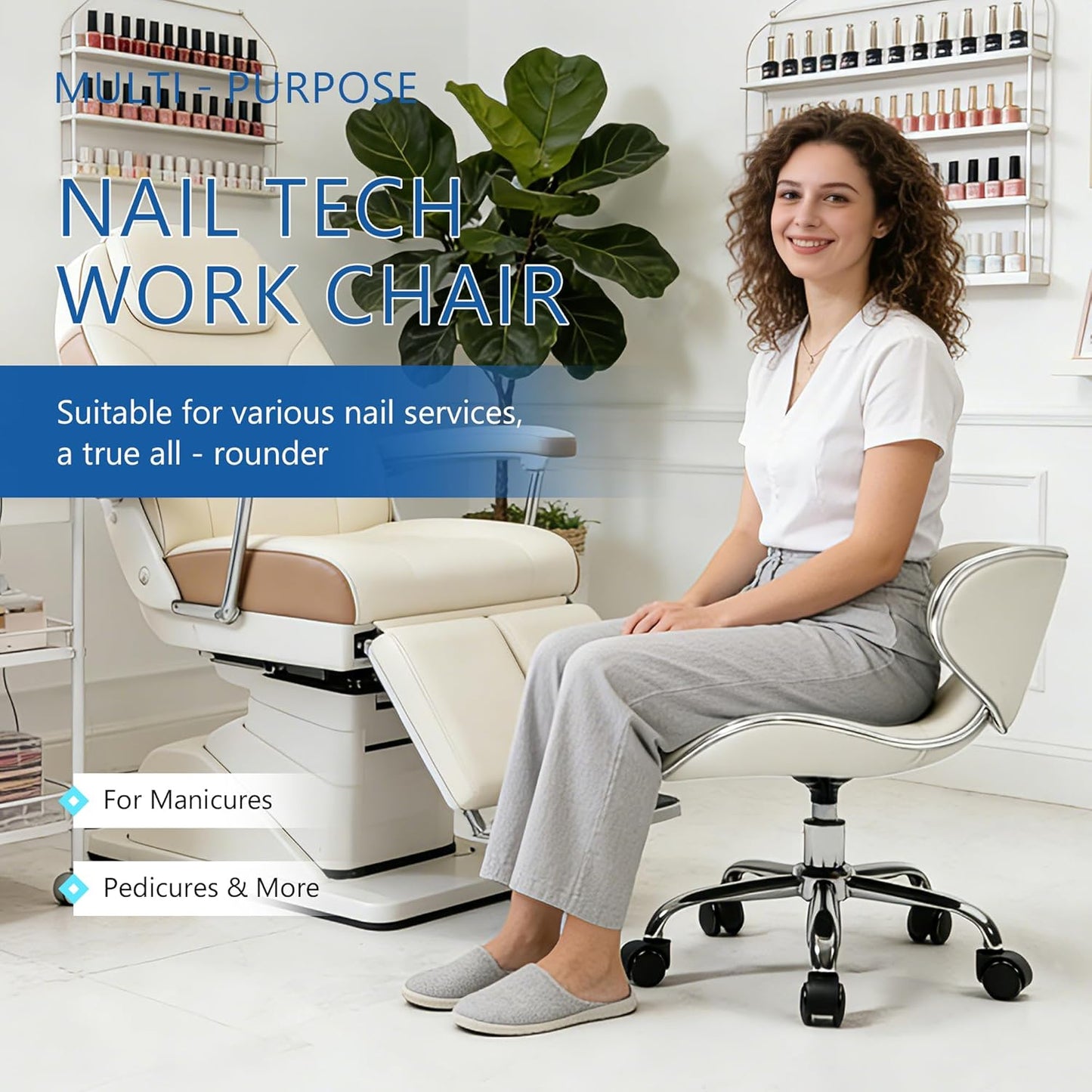 White Pedicure Chair - Swivel & Adjustable Nail Tech Stool for Salon Professionals | Low Back Design, Creamy White