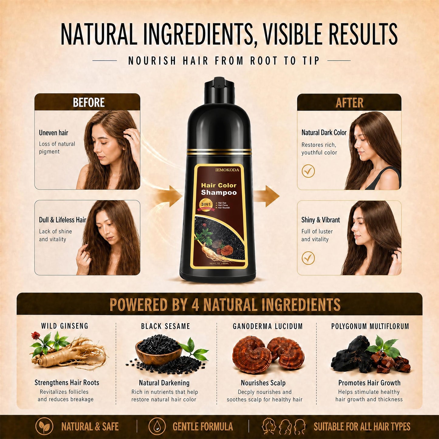 Coffee Hair Dye Shampoo 3 in 1, Instant Hair Color Shampoo, Semi-Permanent Brown Hair Dye, Long Lasting Browm Hair Shampoo, Shampoo Para Pintar el Cabello, Works in Minutes 16.90 Fl Oz