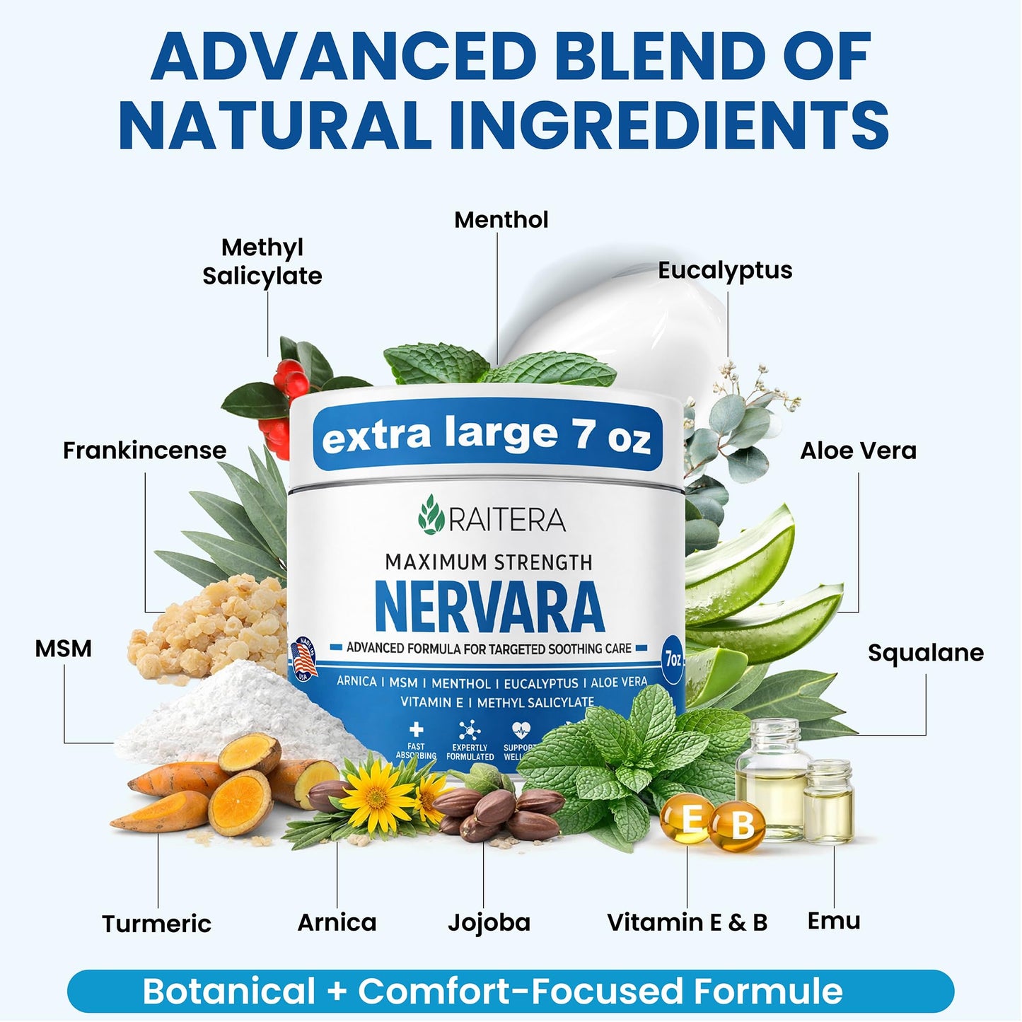 Raitera Neuropathy Nerve Cream – Maximum Strength for Feet, Hands, Legs, Toes – Advanced Cooling Non-Greasy Fast Absorbing Formula - Natural Ingredients Frankincense, Arnica, Aloe Vera, Turmeric, MSM