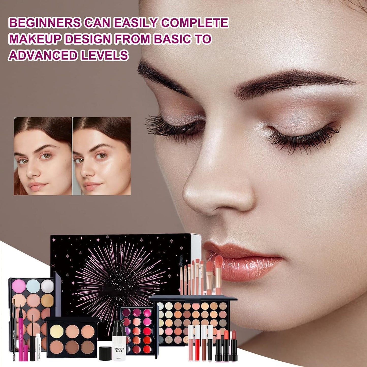 Makeup Kit for Beginners - Complete Shadow Palette, Lipstick & Brush Set | Ideal Gift for Women, Teens & Special Occasions