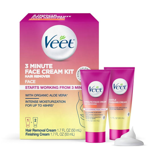 Veet 3 Minute Facial Hair Removal Cream for Women, Depilatory Cream with Organic Aloe Vera, 2 Piece Women's Facial Hair Remover Kit, 1.7 Fl Oz Remover + 1.7 Fl Oz Finishing